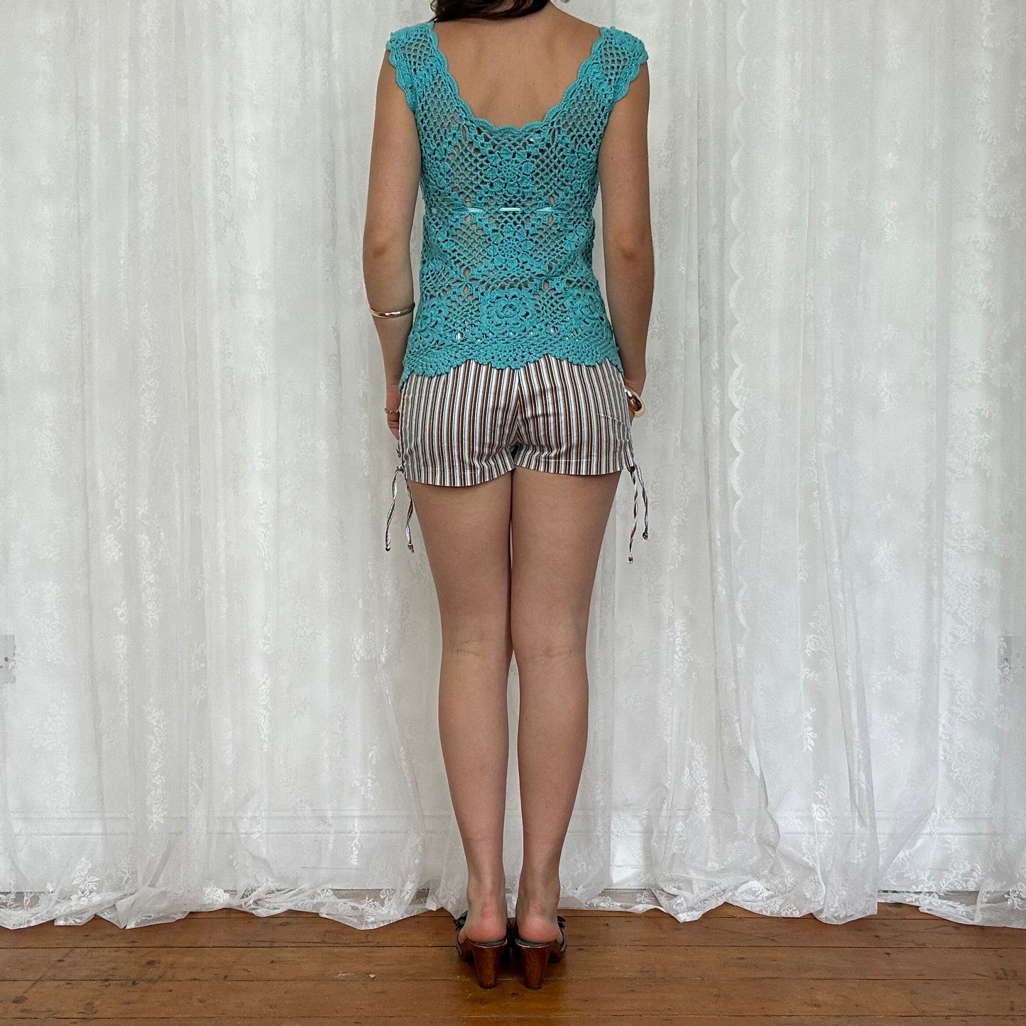 vintage 00s blue crochet ribbon tie up top