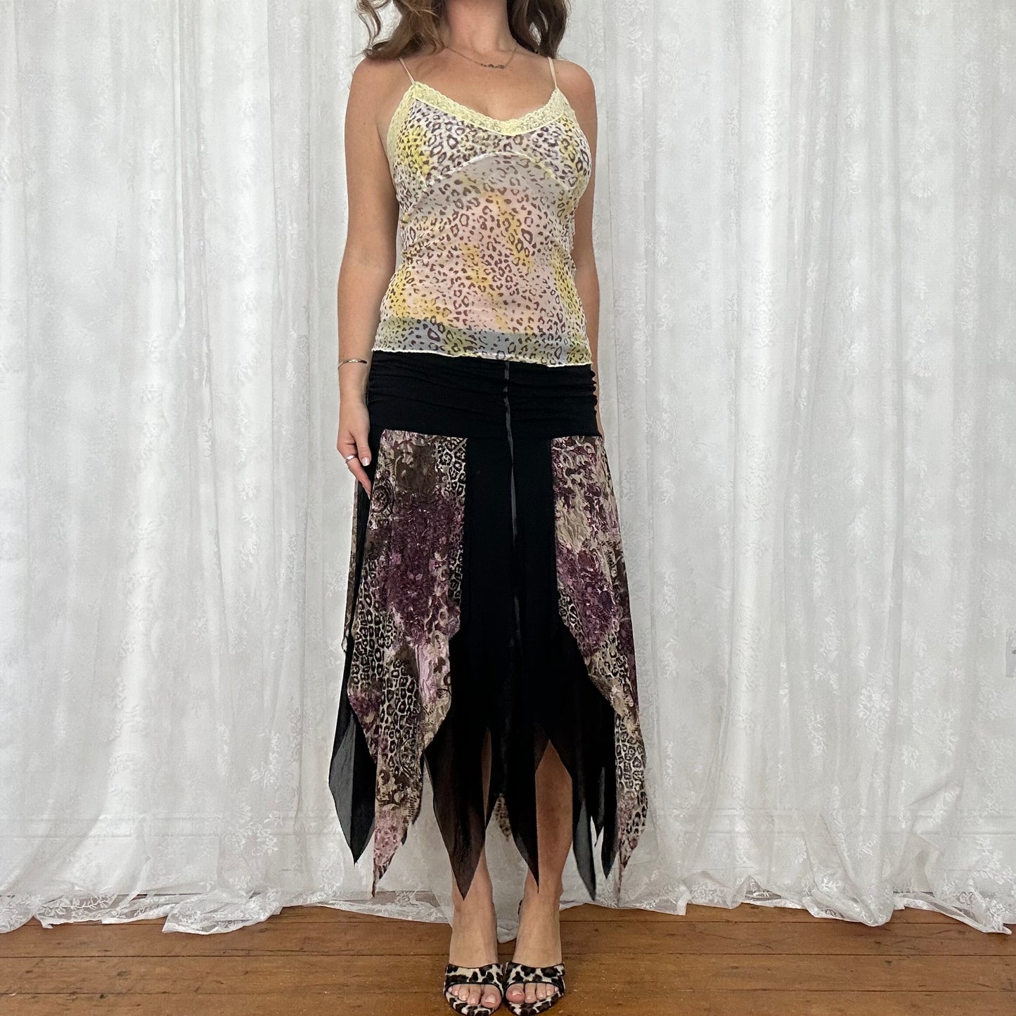 vintage 00s yellow leopard print mesh cami top