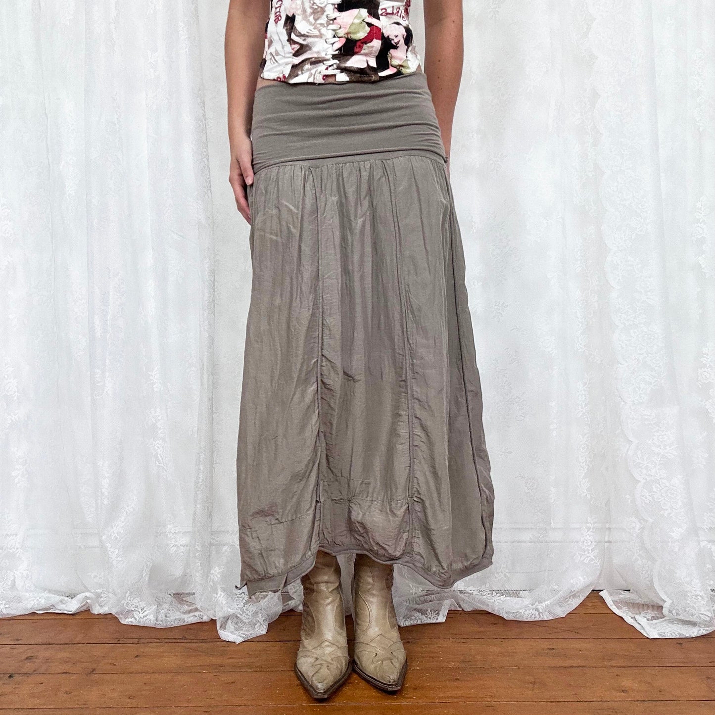 vintage 00s grey / brown maxi skirt with foldover waist