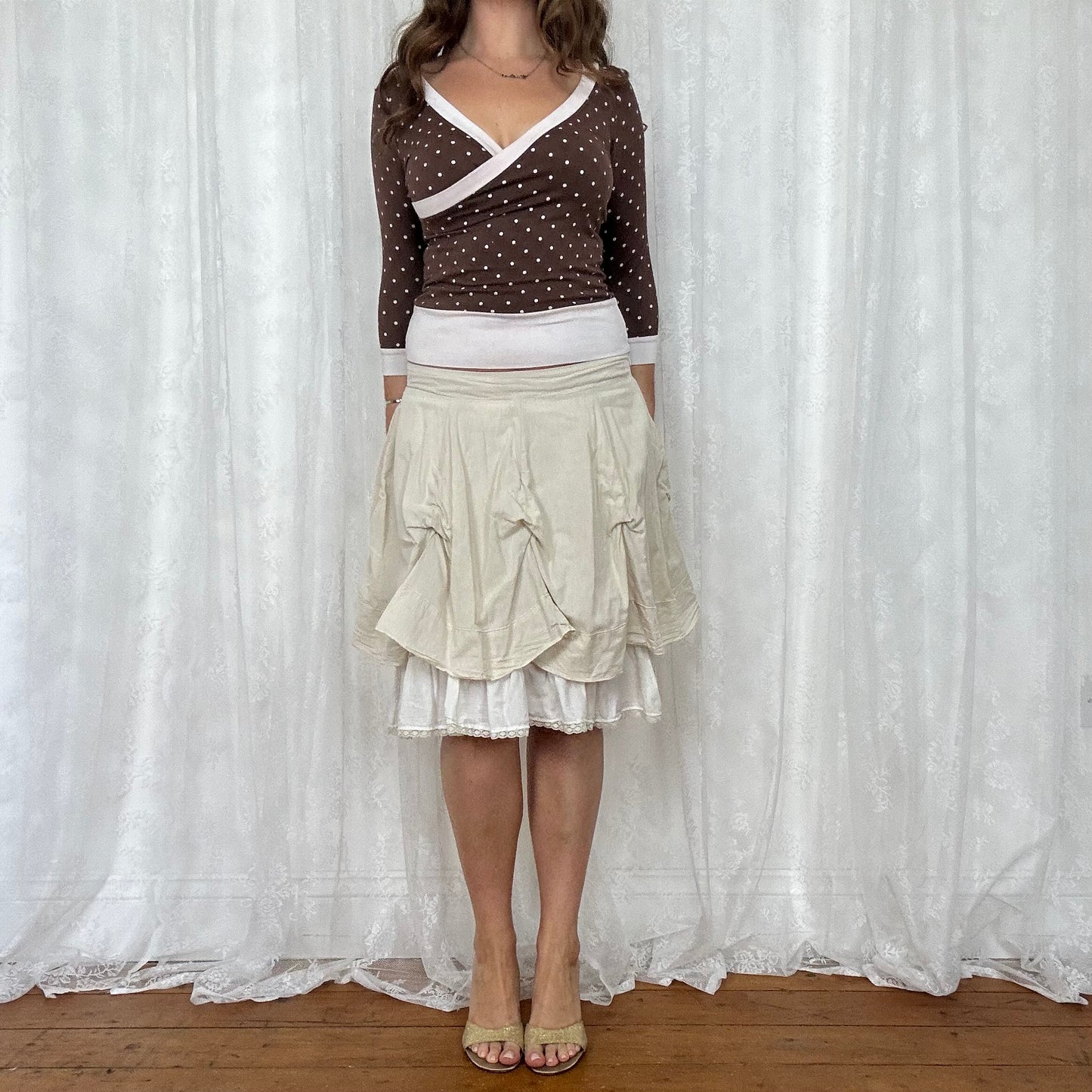 vintage 00s brown polka dot crop sleeve top