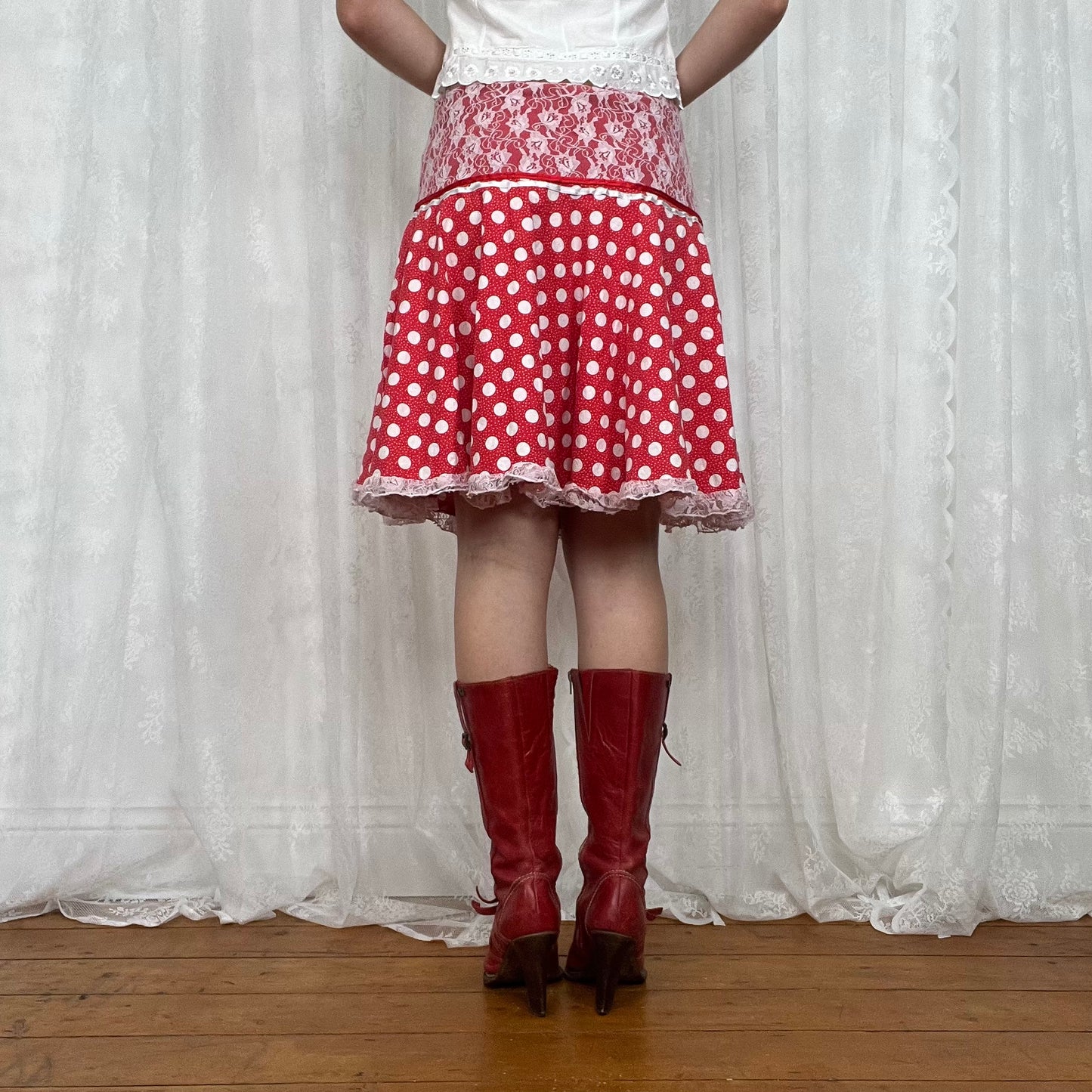 vintage 00s red and white polka dot midi skirt