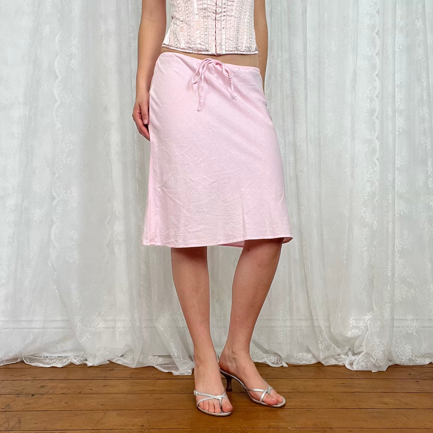 vintage 00s baby pink drawstring midi skirt