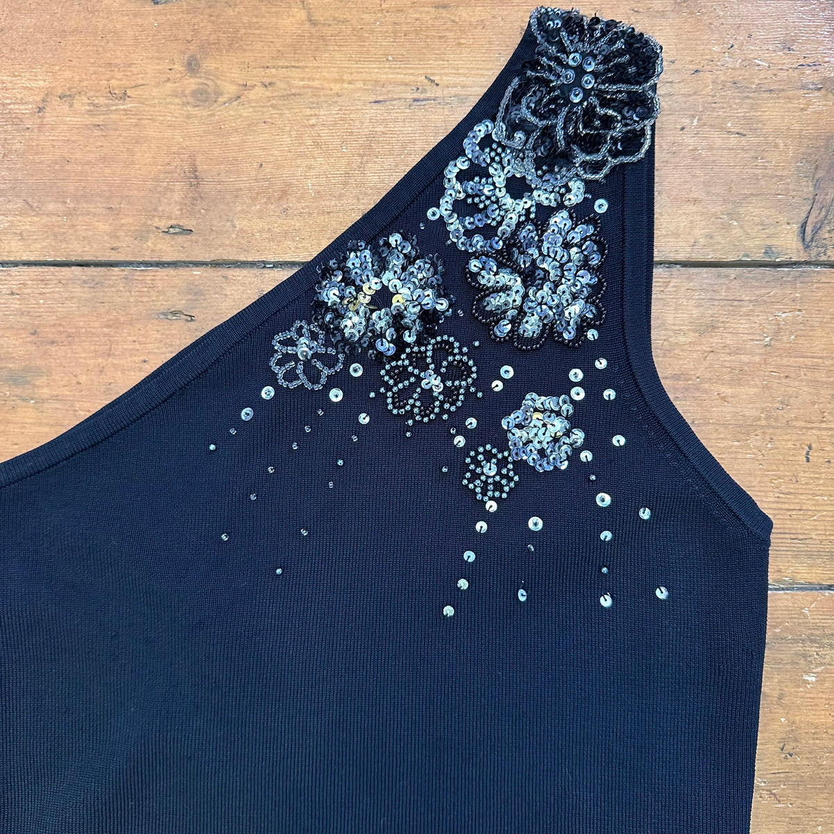 vintage 00s black beaded sequin detail one shoulder top