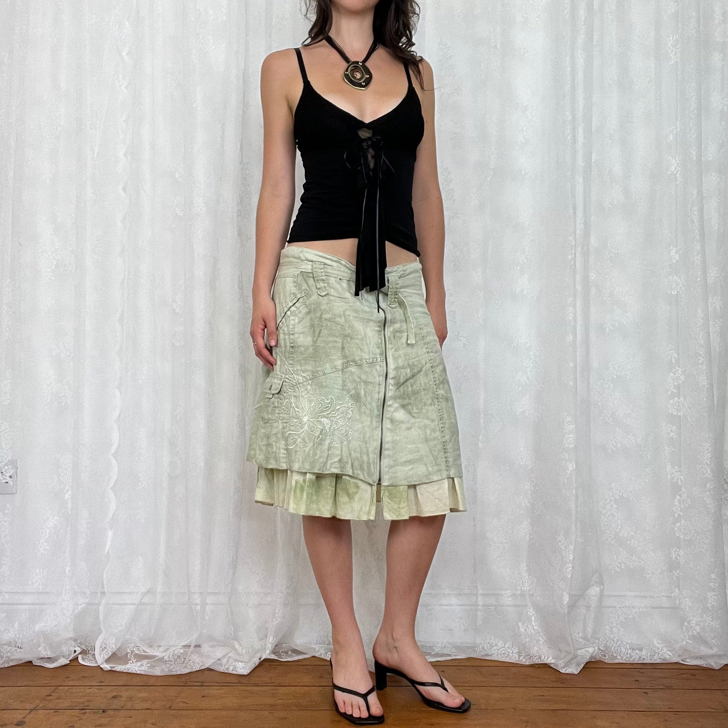vintage 00s black lacy cami with tie up ruffle detail