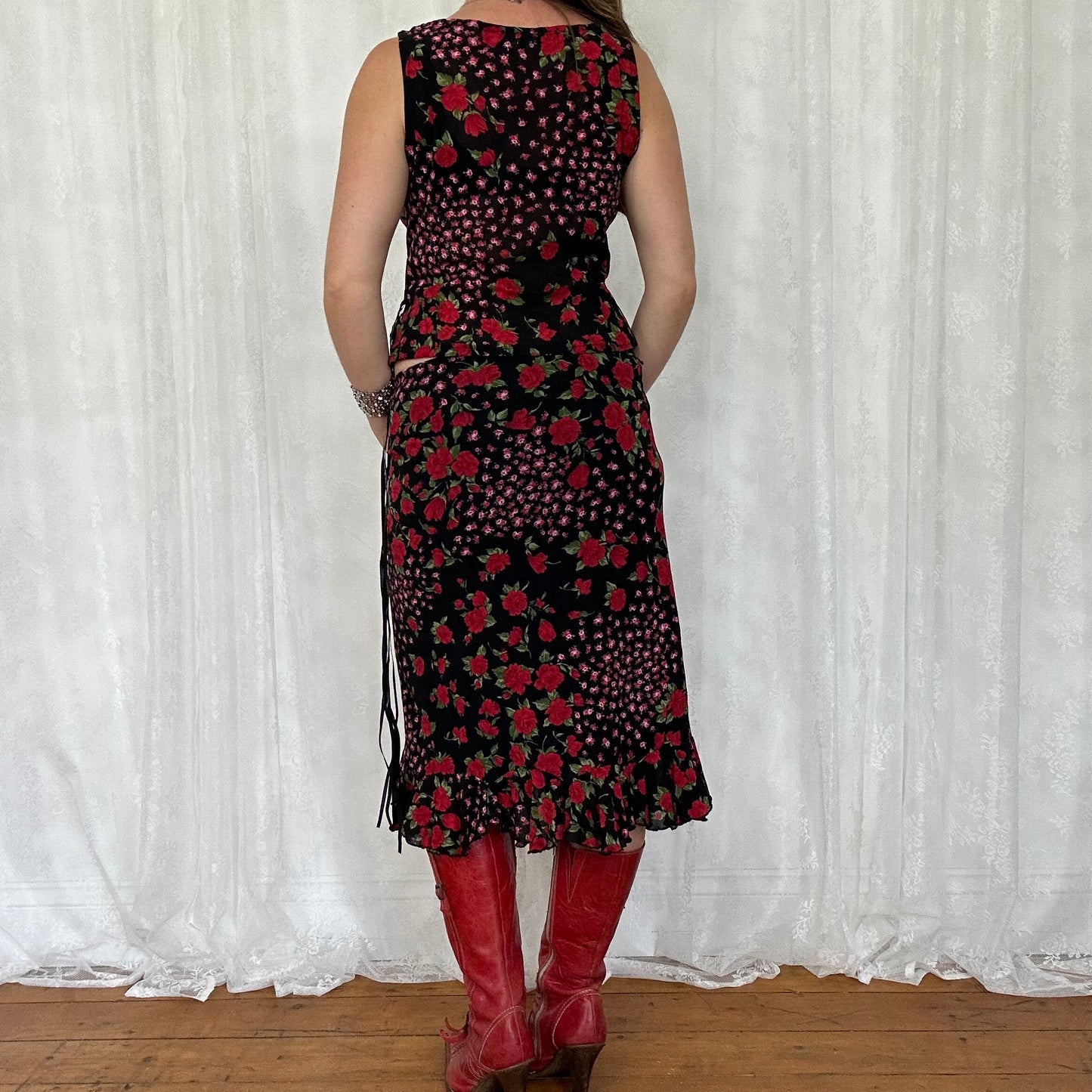 vintage 00s black floral print mesh skirt and top co ord