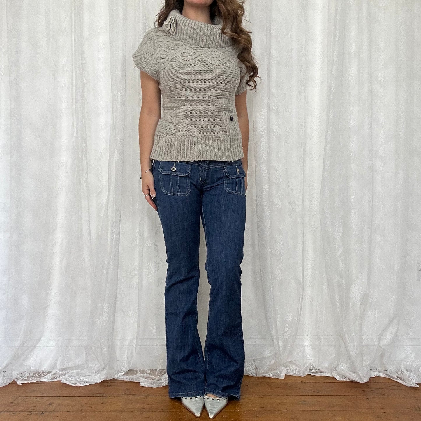 vintage 00s grey chunky knit short sleeve jumper