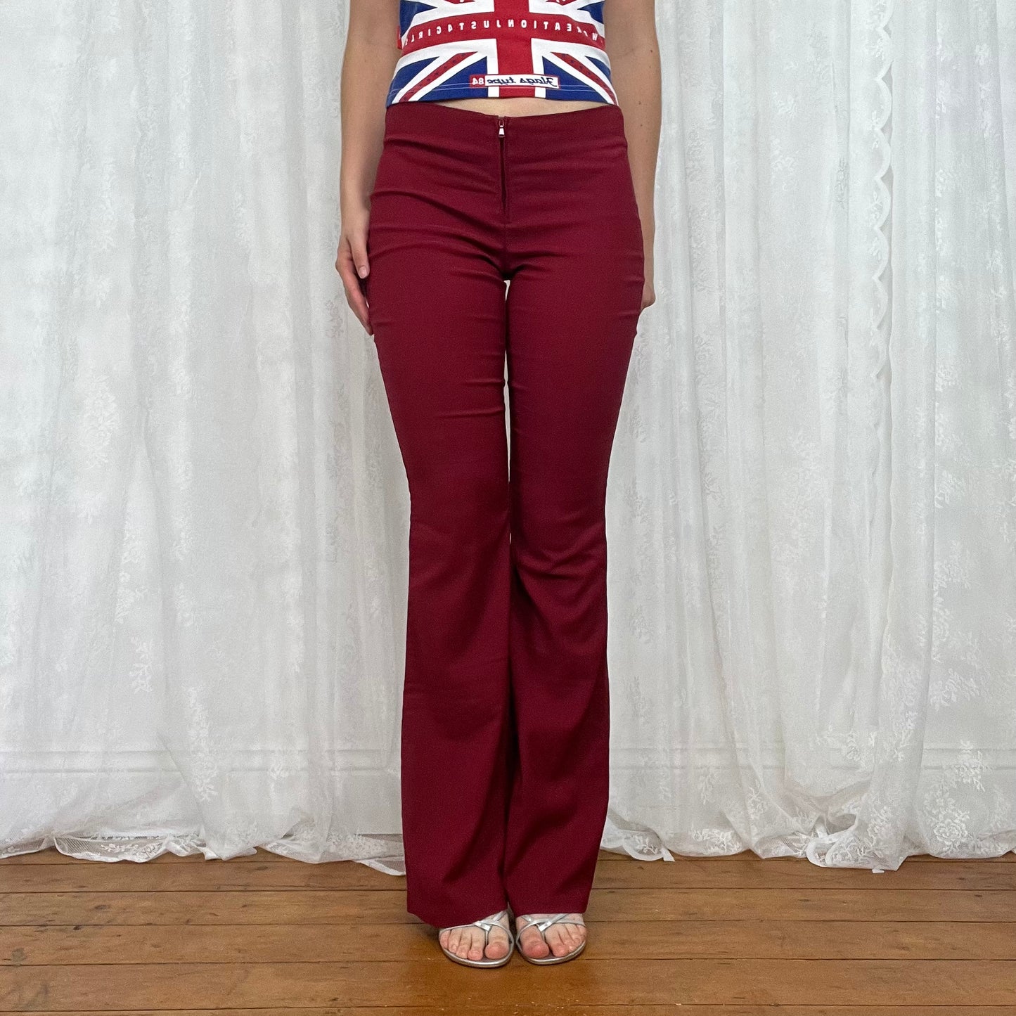 vintage 00s red flared trousers with front zip