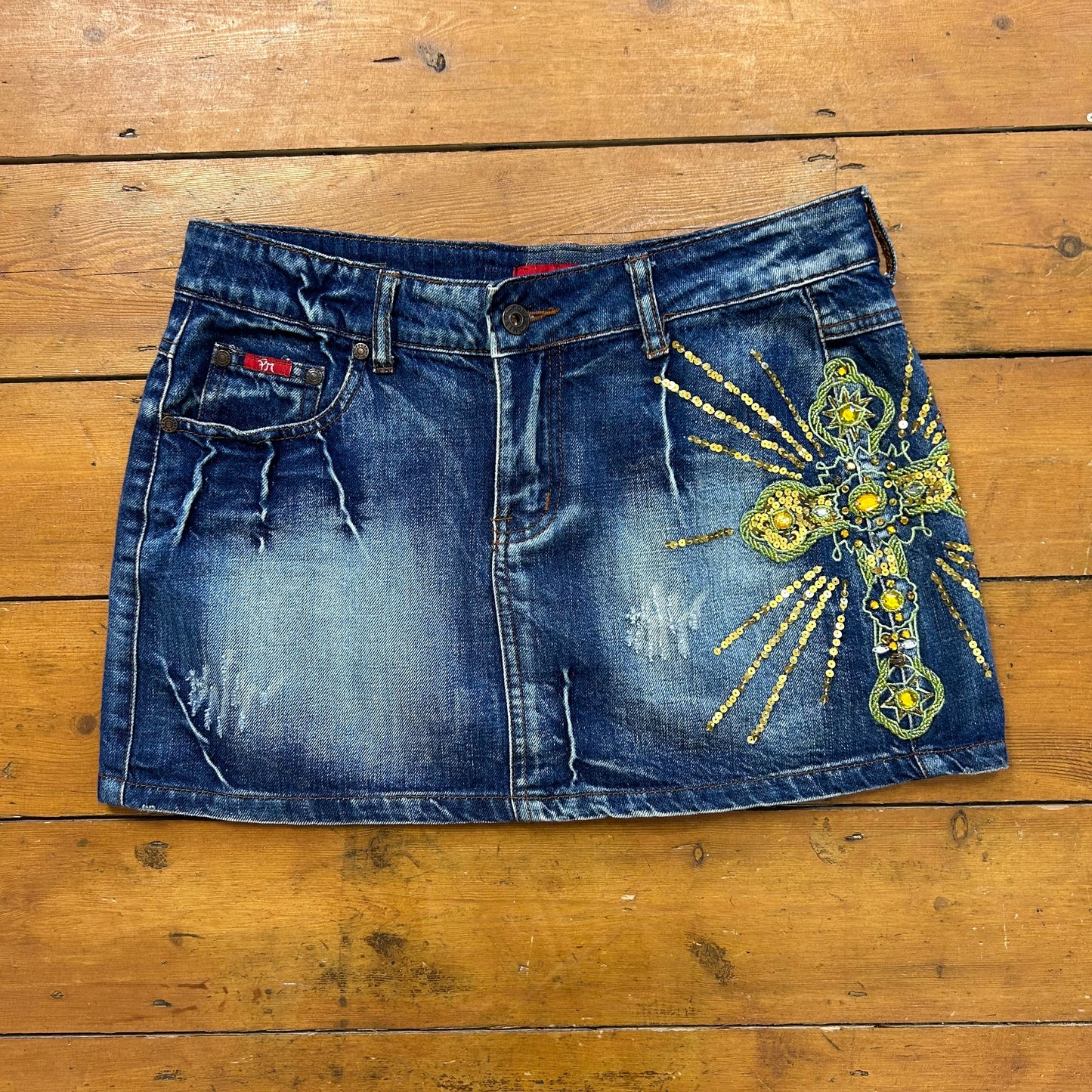 vintage 00s denim mini skirt with gold cross