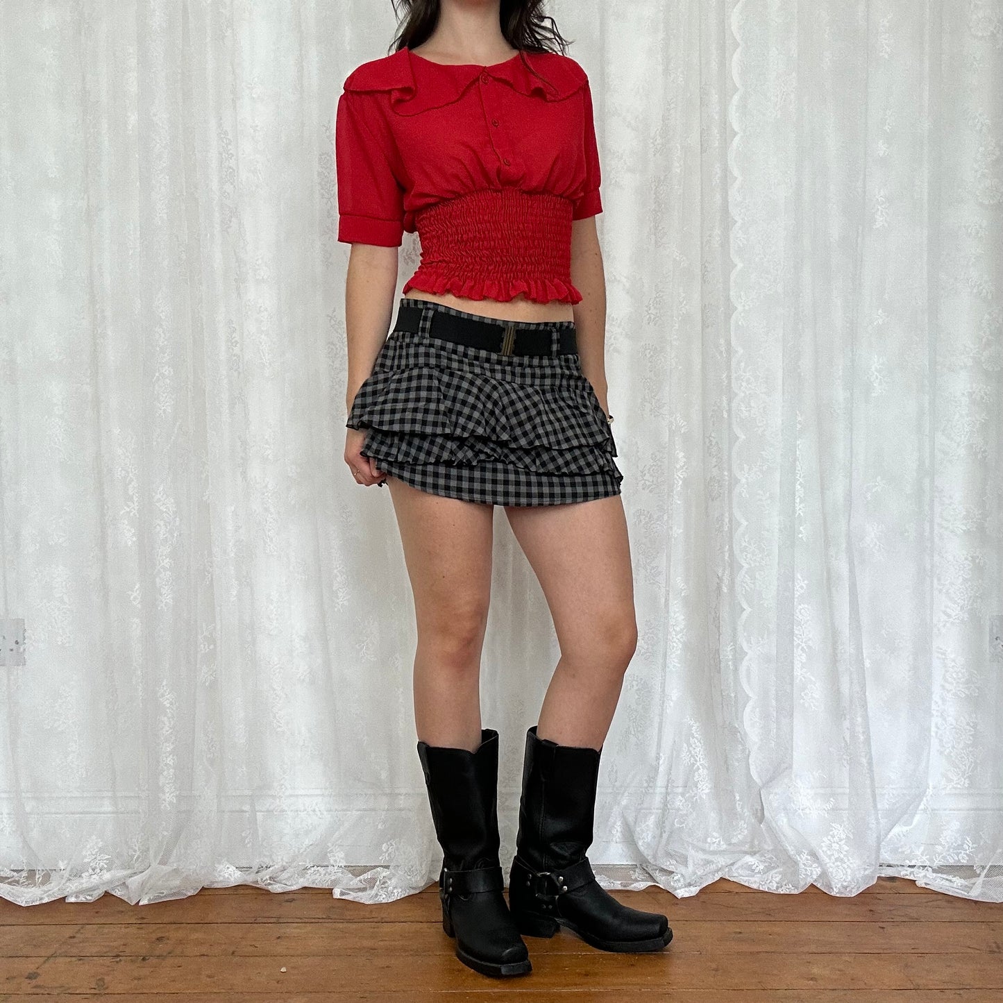 vintage 00s red sheer shirred short sleeve shirt