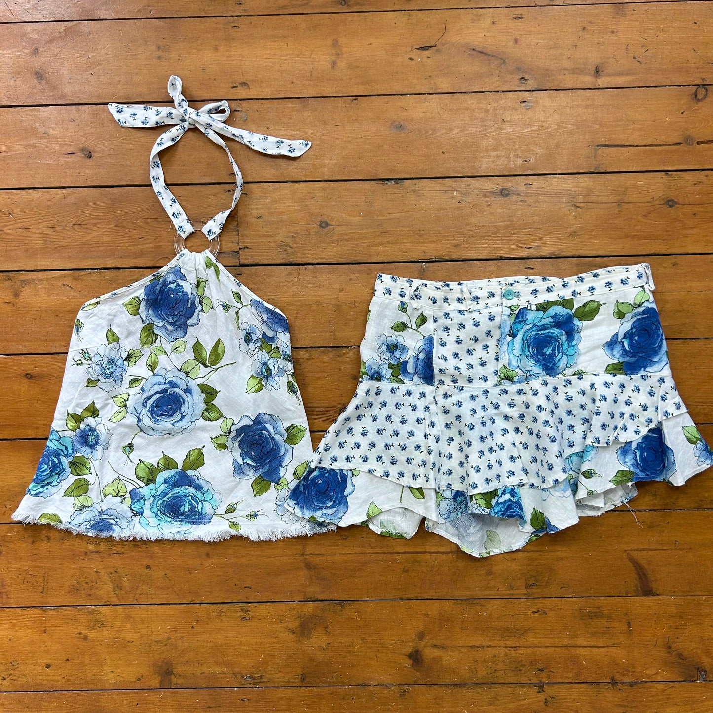 vintage 00s blue and white floral halter top and skirt co ord