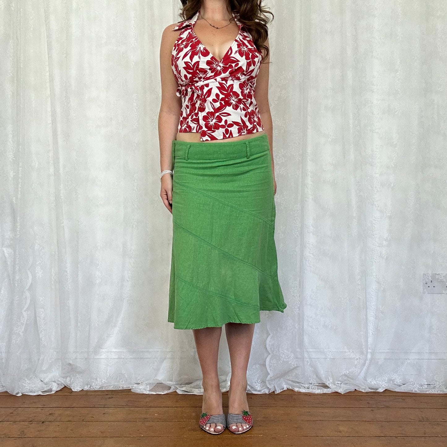 vintage 00s apple green linen midi skirt