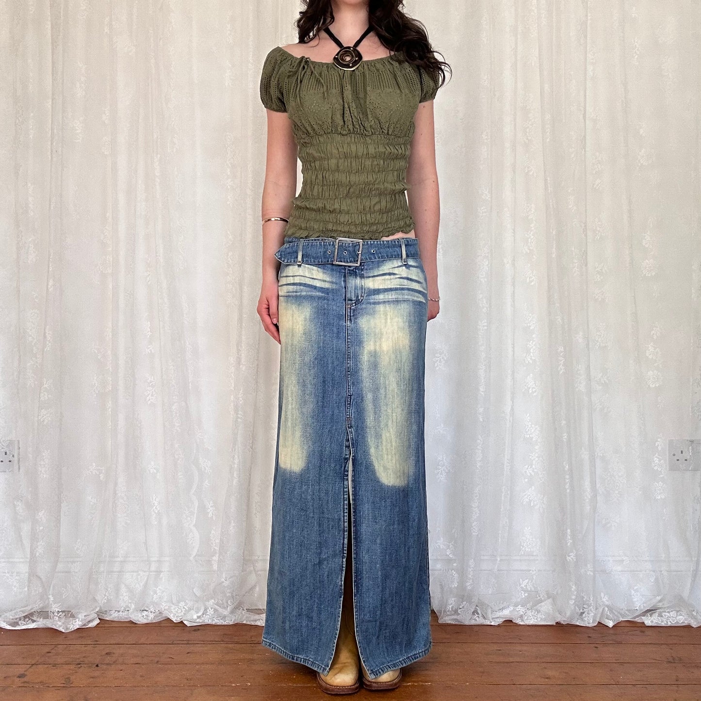 vintage 00s khaki shirred milkmaid top