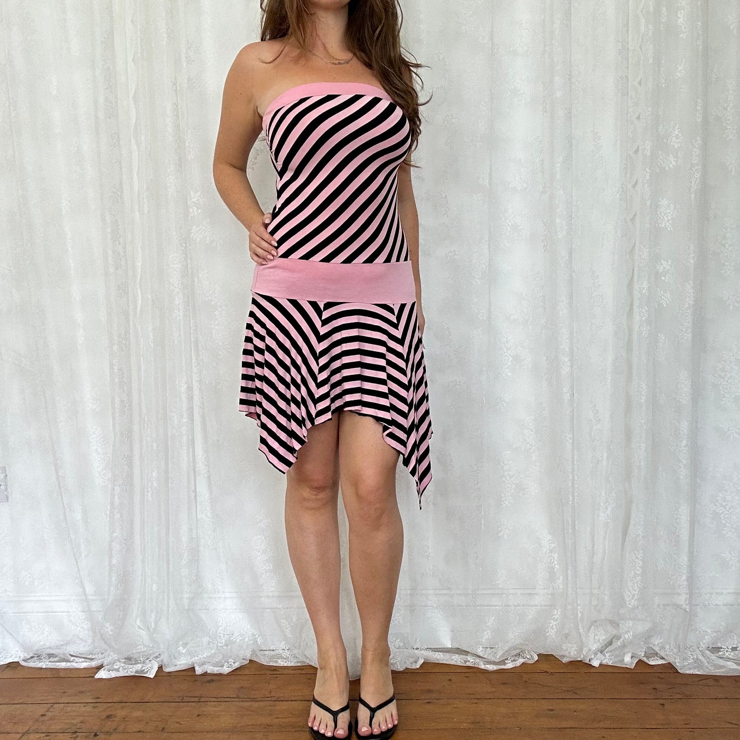 vintage 00s black and pink striped mini dress