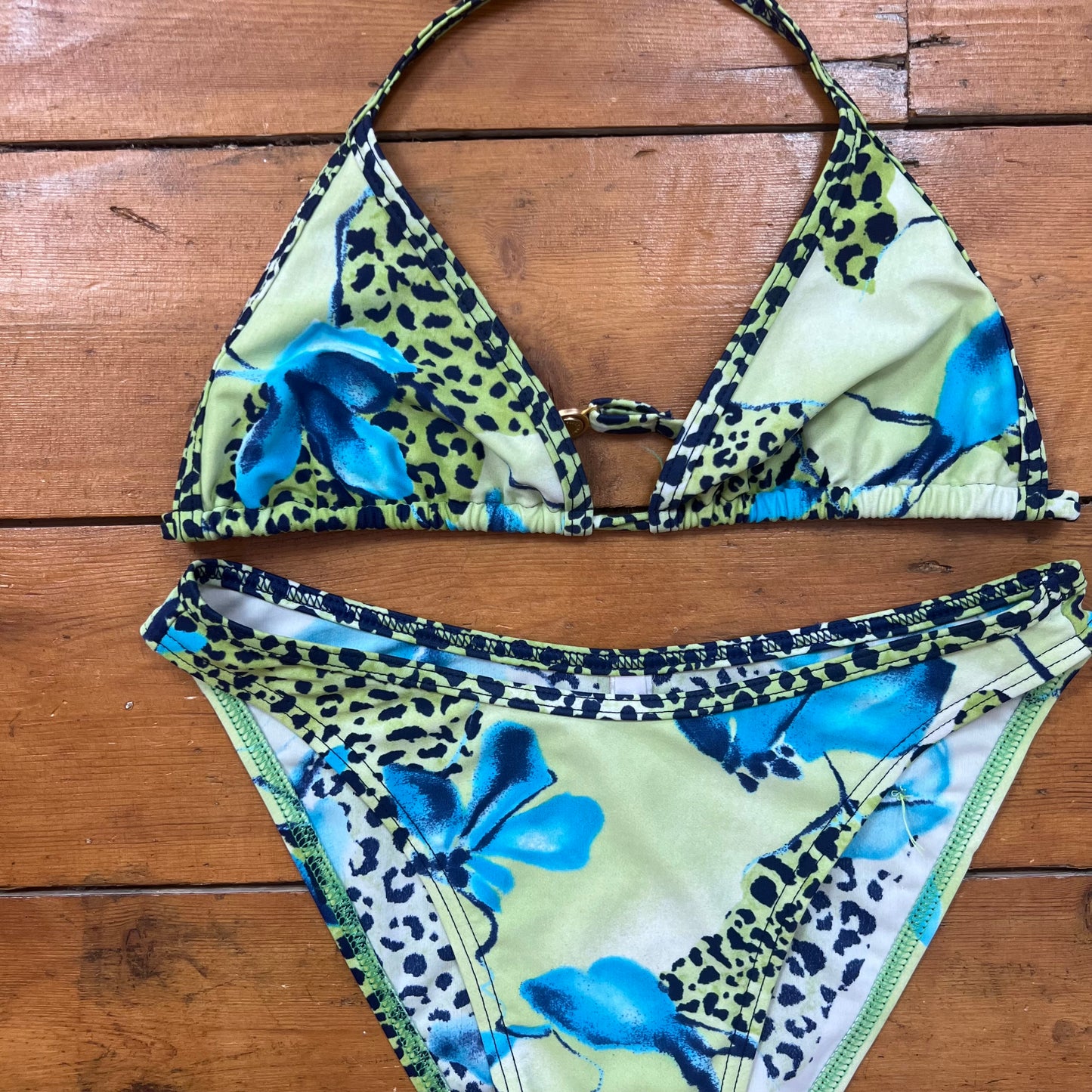 vintage 00s blue and green leopard print bikini set