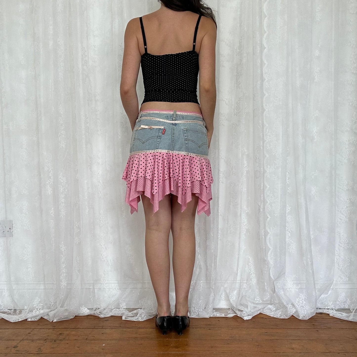 vintage 00s black polka dot hook and eye cami top