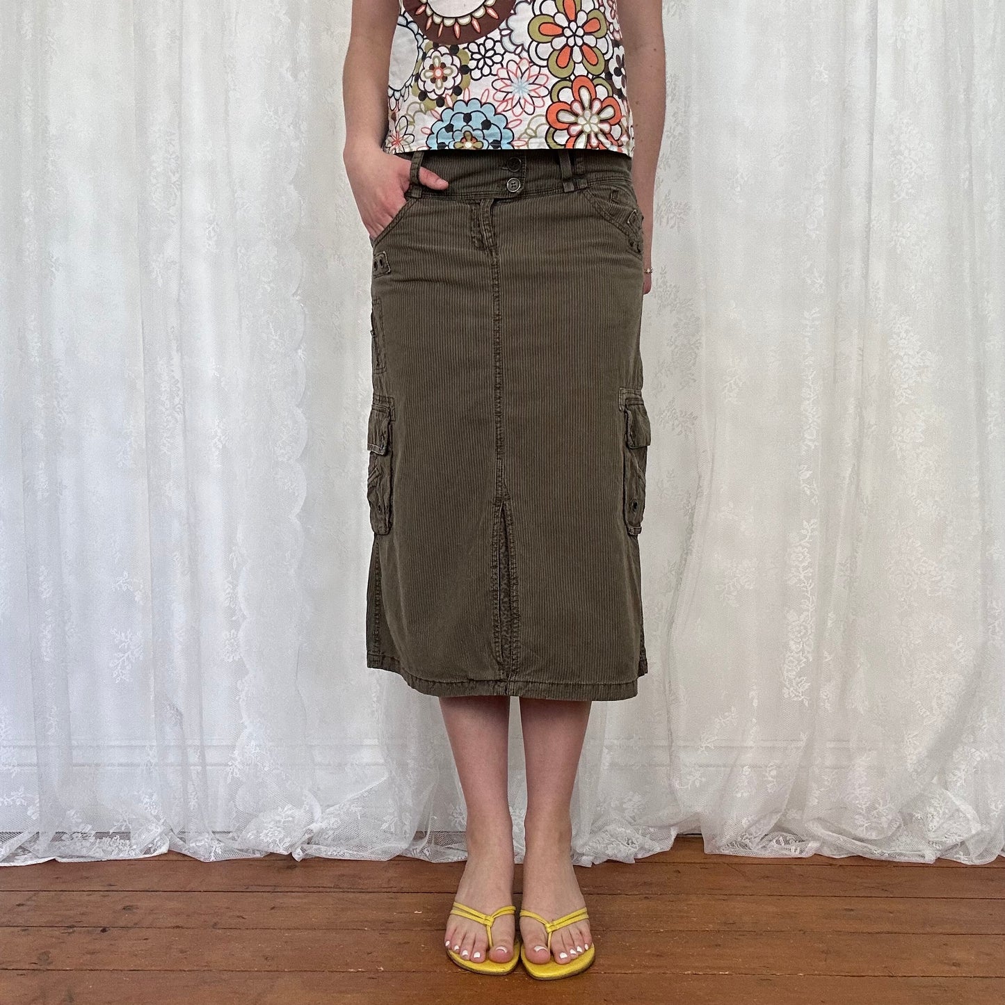vintage 00s khaki and brown pinstripe cargo midi skirt