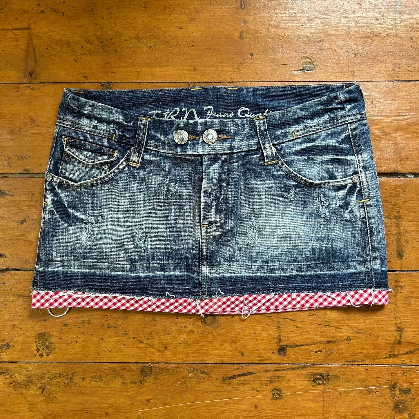vintage 00s denim mini skirt with gingham trim