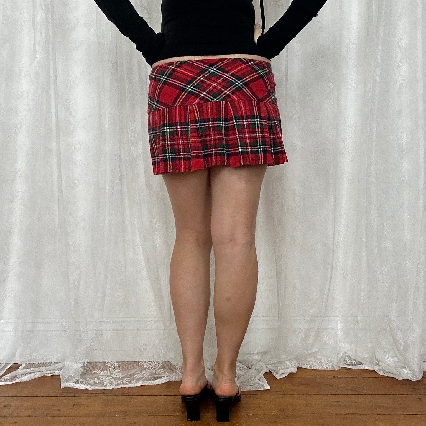 vintage 00s red tartan pleated mini skirt with matching scarf