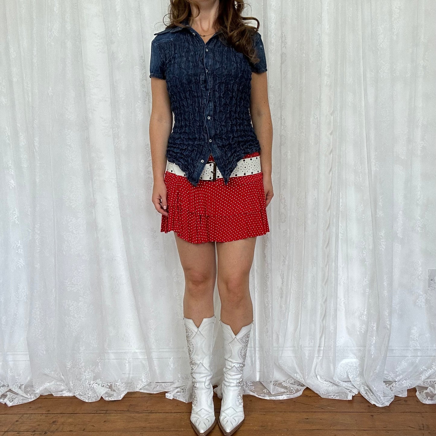 vintage 00s shirred short sleeve denim shirt