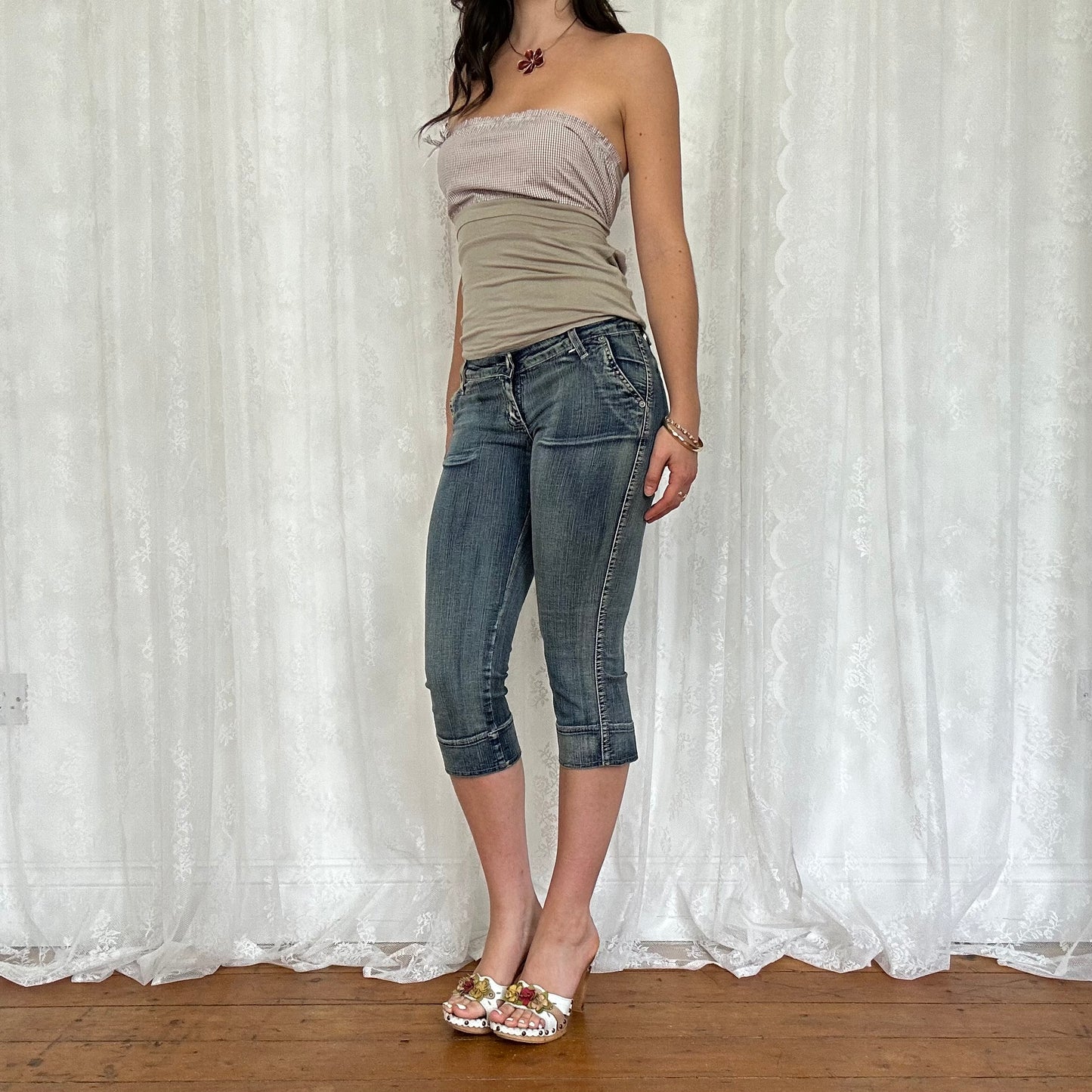 vintage 00s beige gingham strapless tie back top
