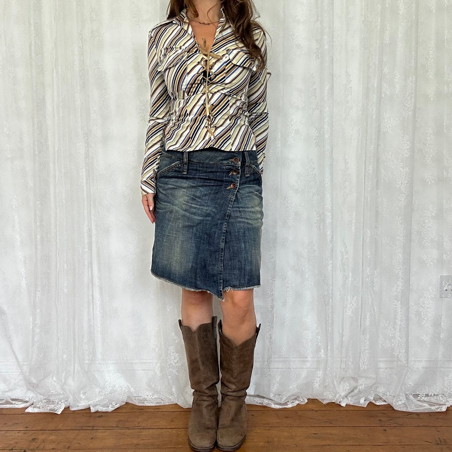 vintage 00s side buttons denim midi skirt