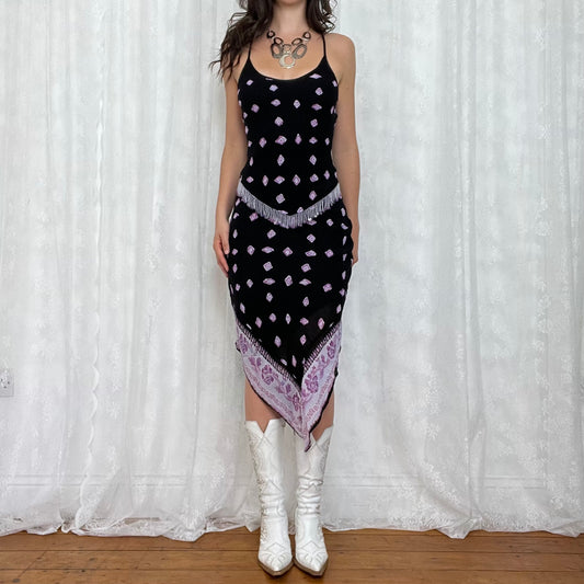 vintage 00s black and purple beaded top and handkerchief skirt co ord