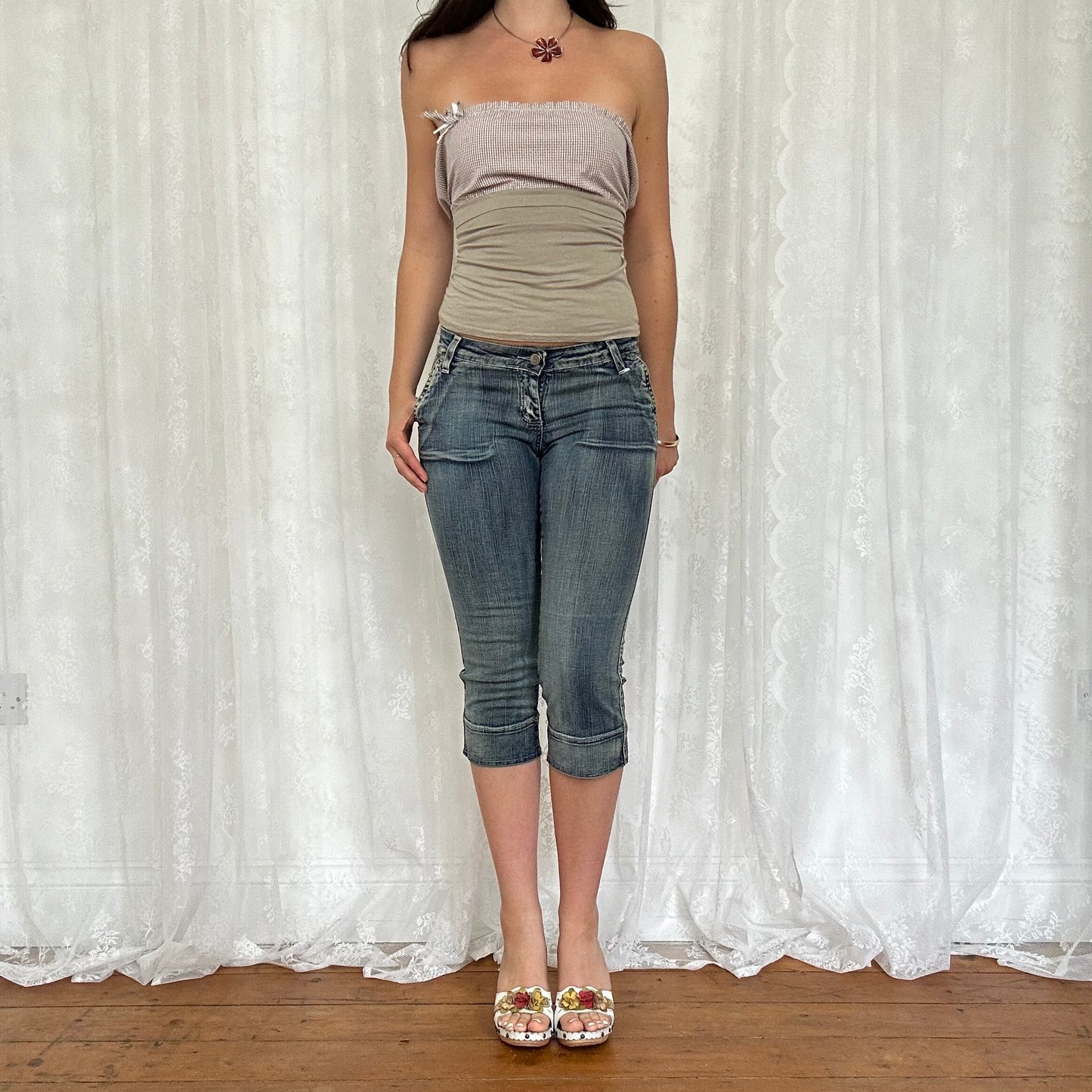 vintage 00s beige gingham strapless tie back top