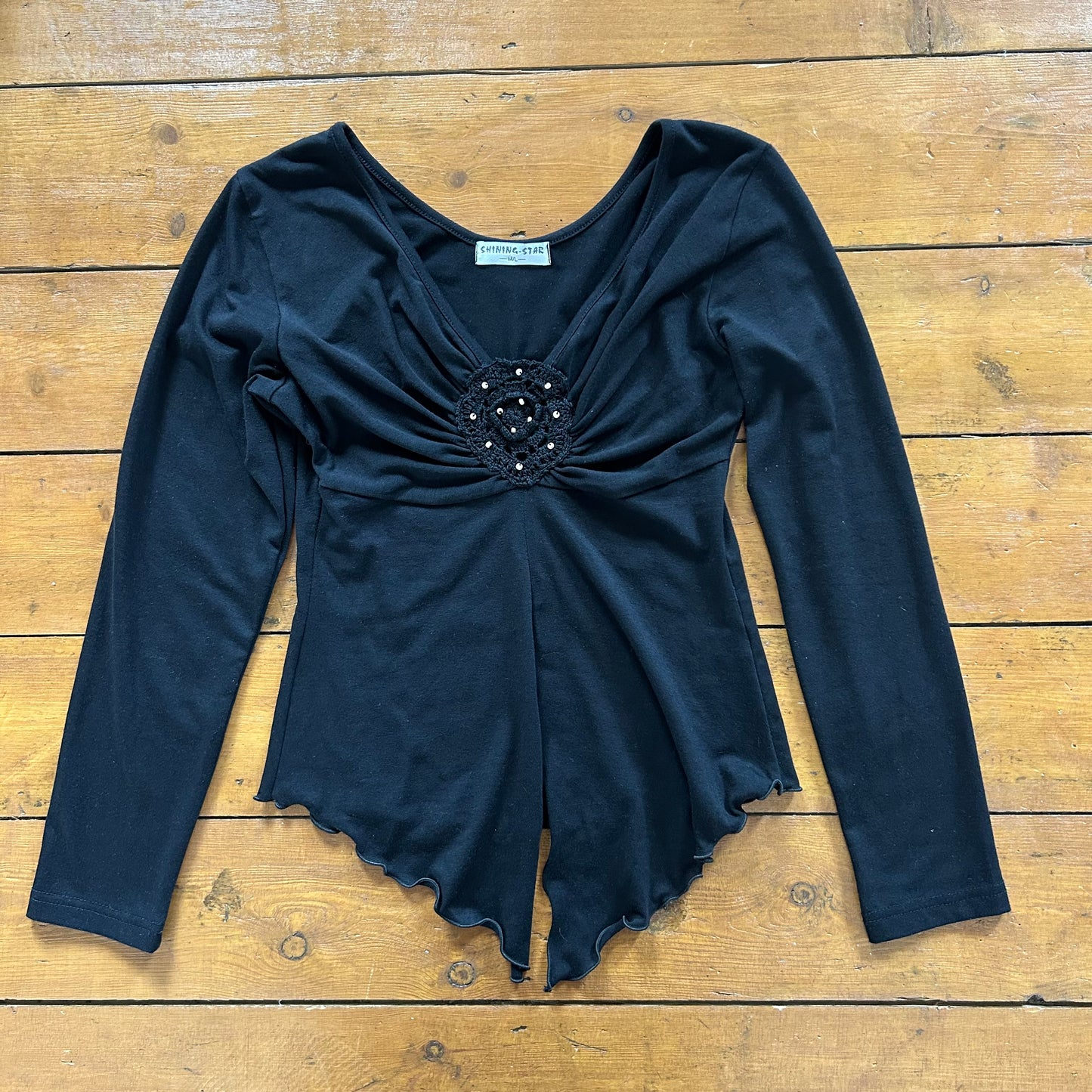 vintage 00s black long sleeve top with crochet flower detail