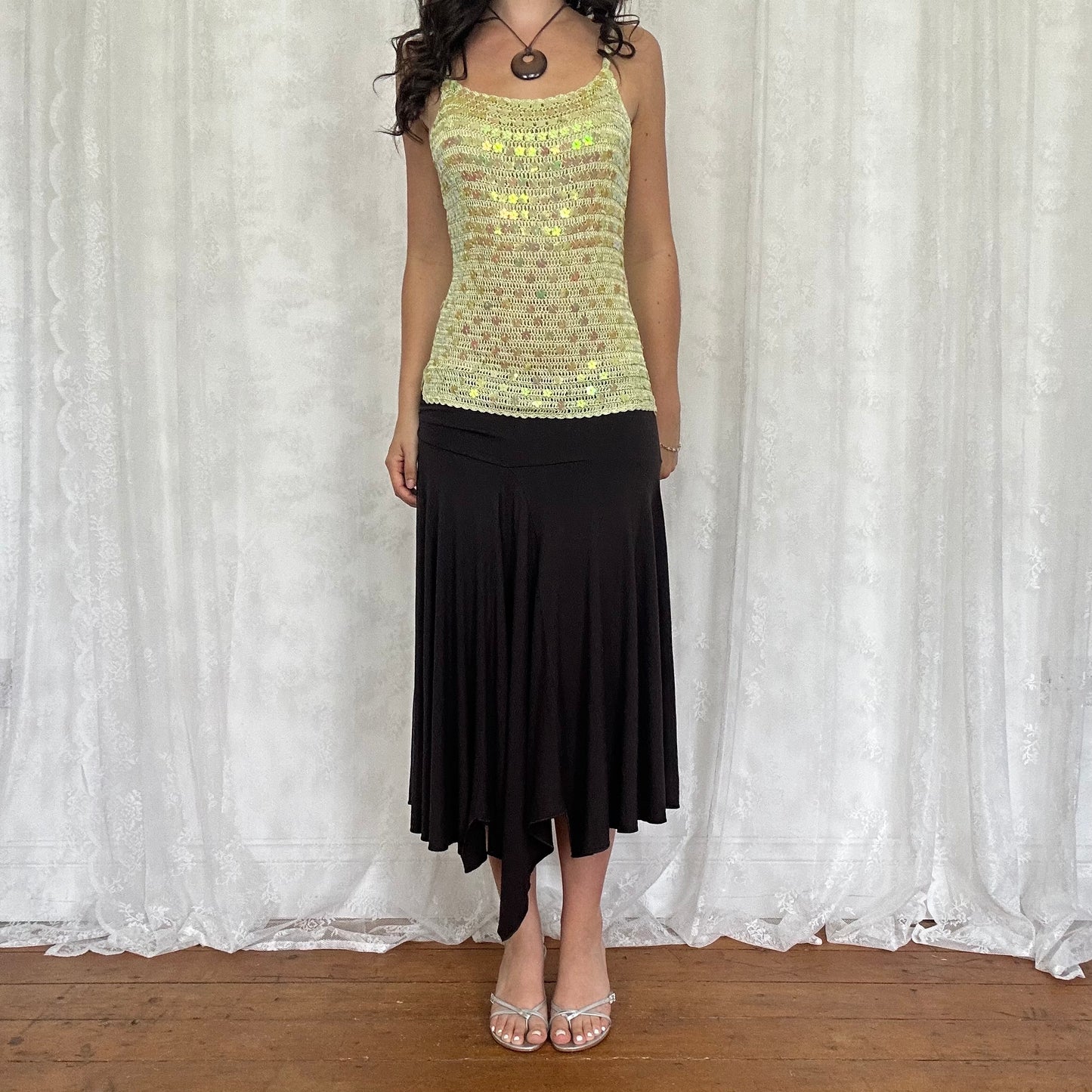 vintage 00s green crochet sequin cami