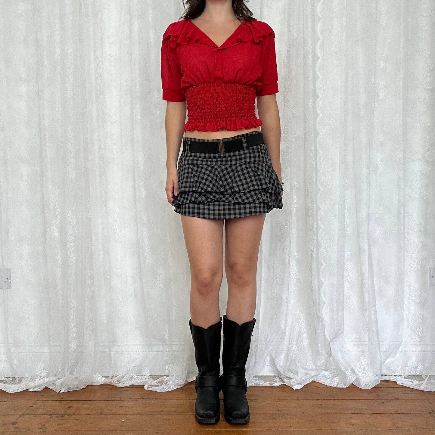 vintage 00s red sheer shirred short sleeve shirt
