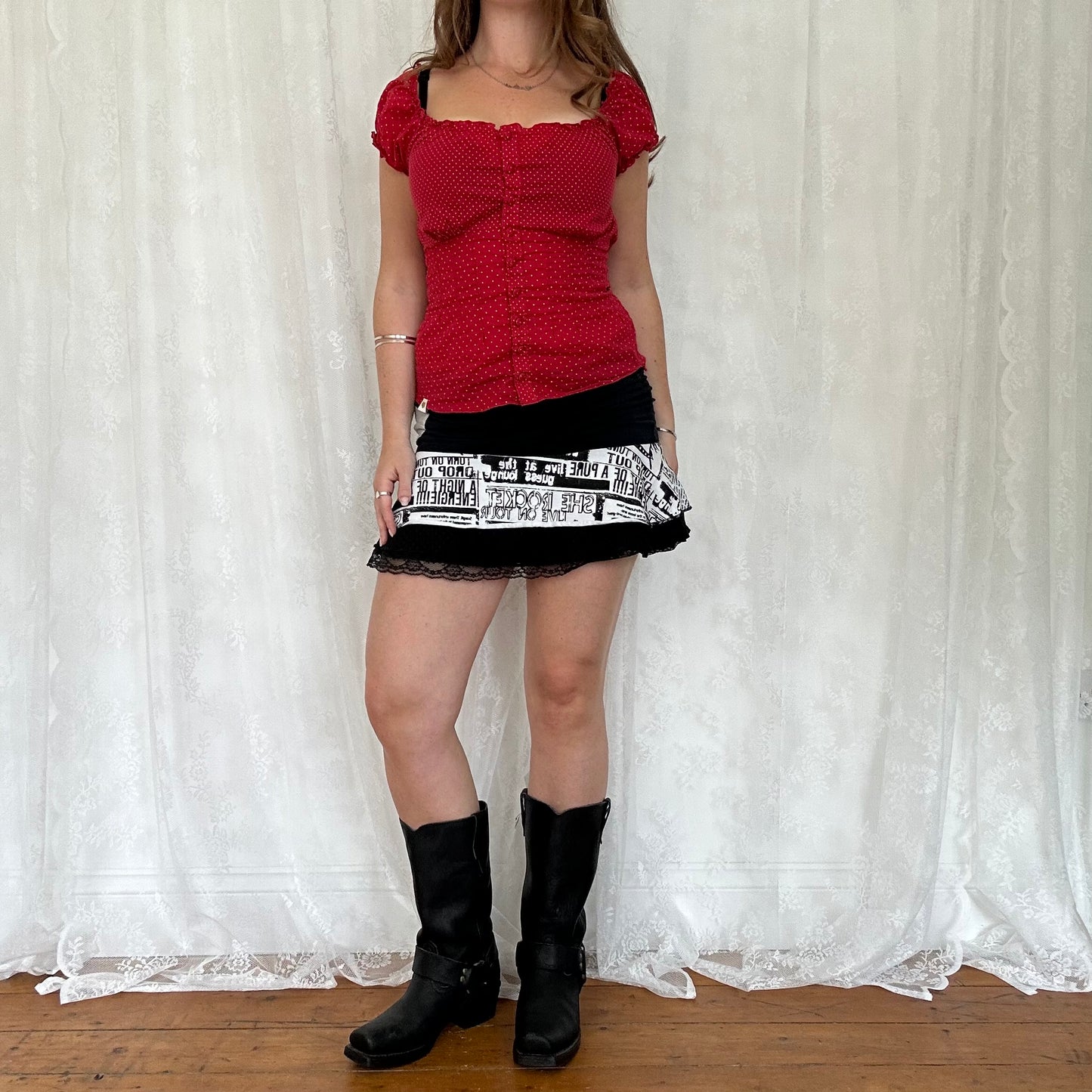vintage 00s red polka dot tie back milkmaid top