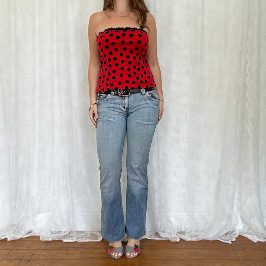 vintage 00s red and black polka dot strapless top