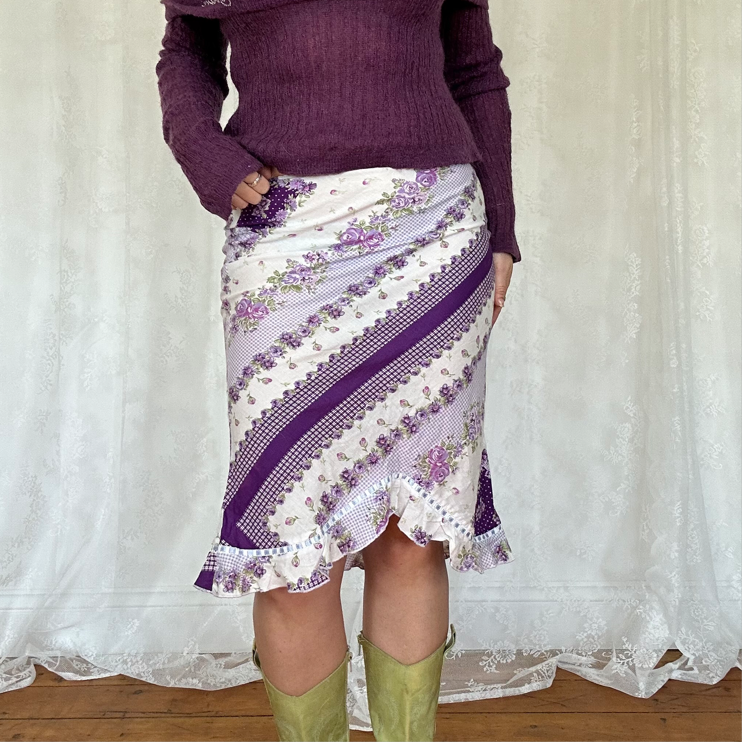 vintage 00s purple floral patchwork asymmetrical midi skirt