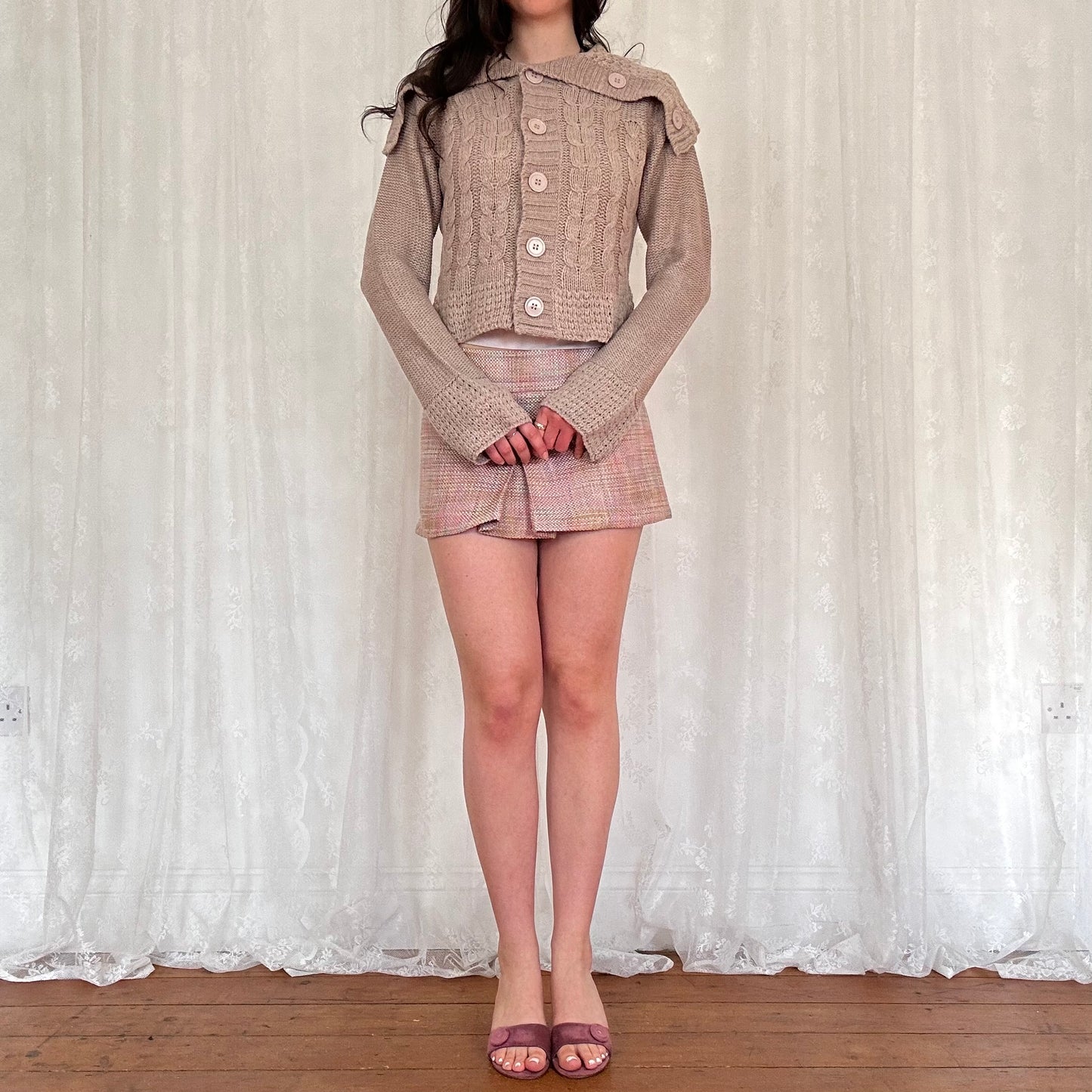 vintage 00s beige cable knit button cardigan