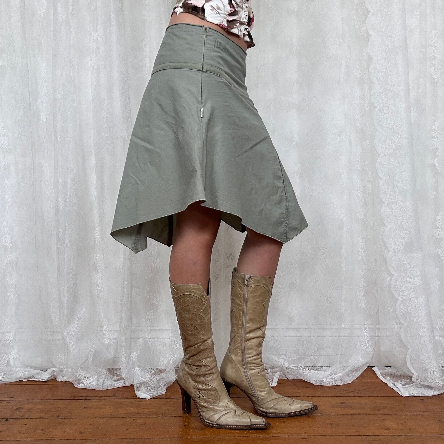 vintage 00s khaki green asymmetrical midi skirt