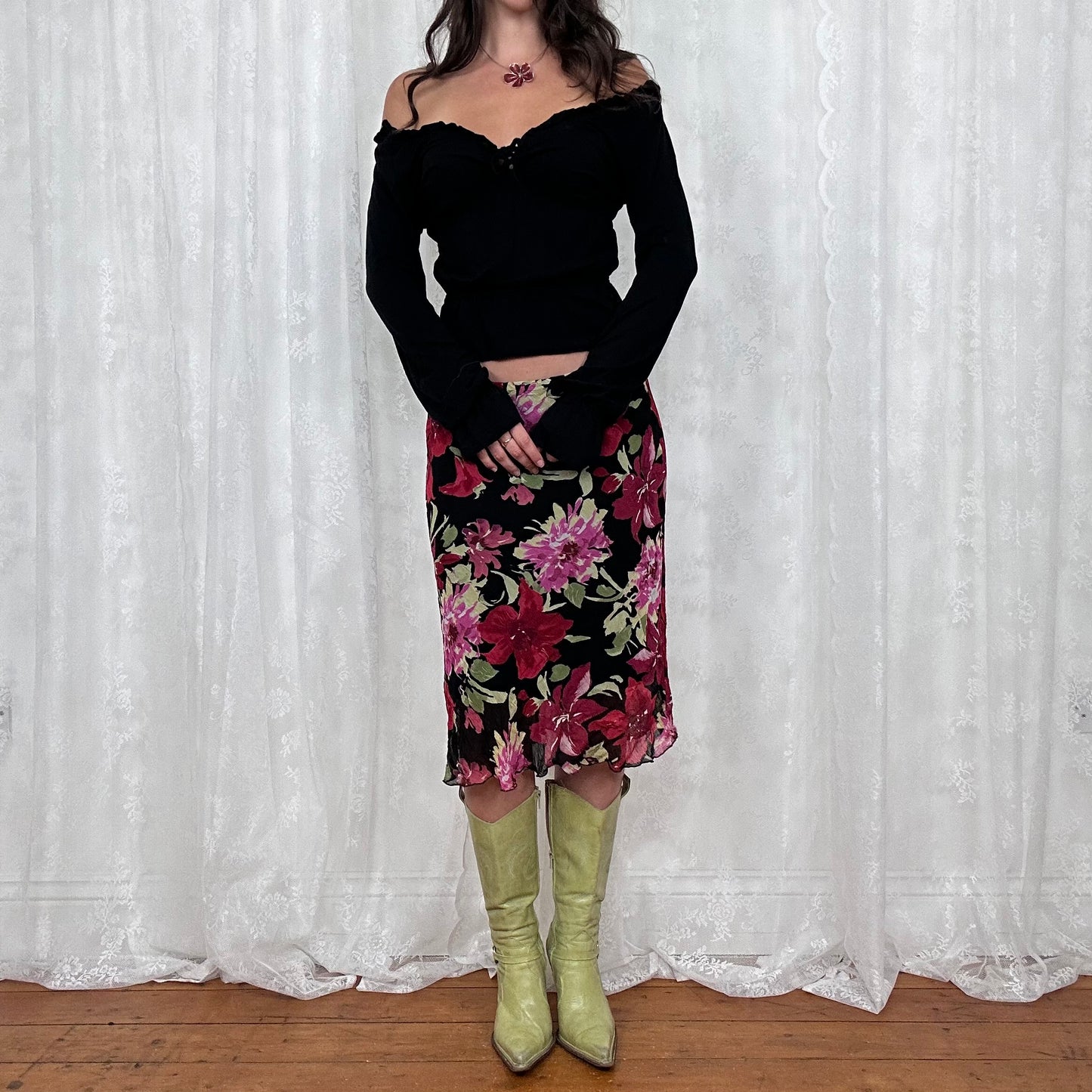 vintage 00s black shirred long sleeve milkmaid top
