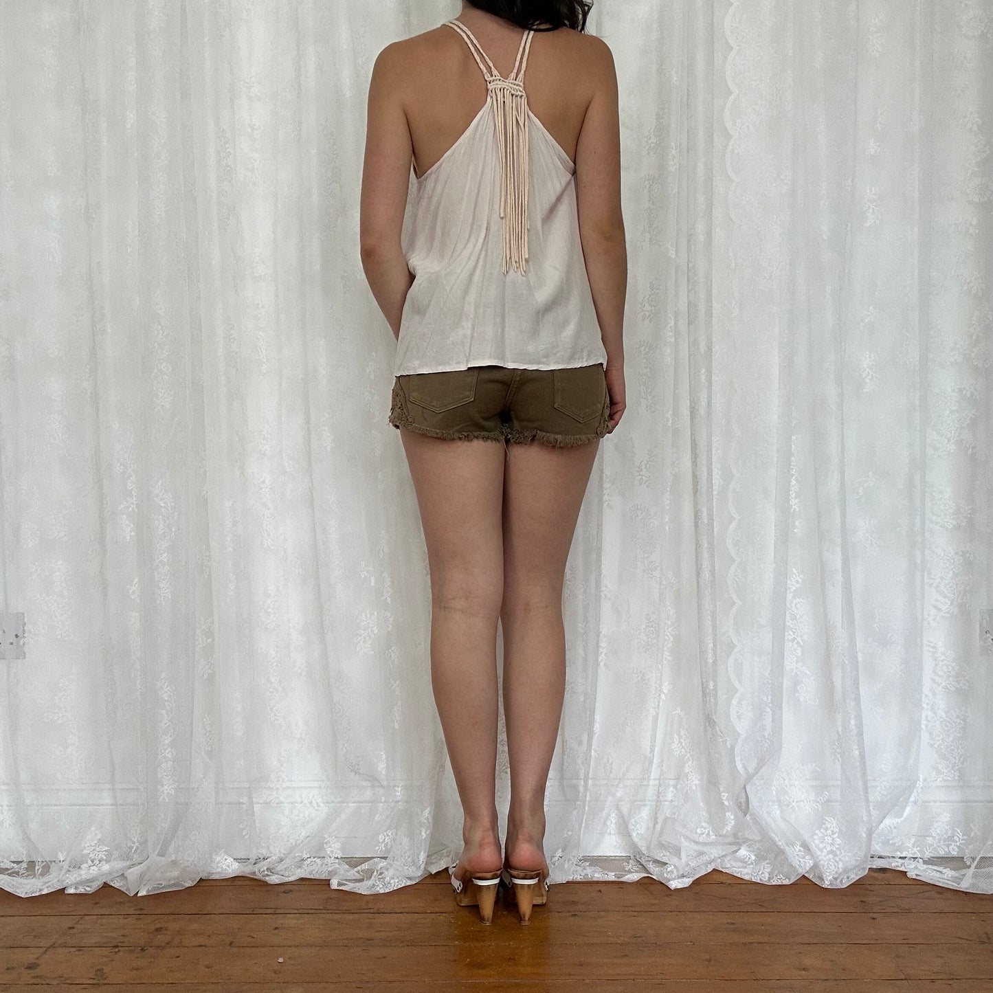 vintage 00s baby pink tassel fringe top