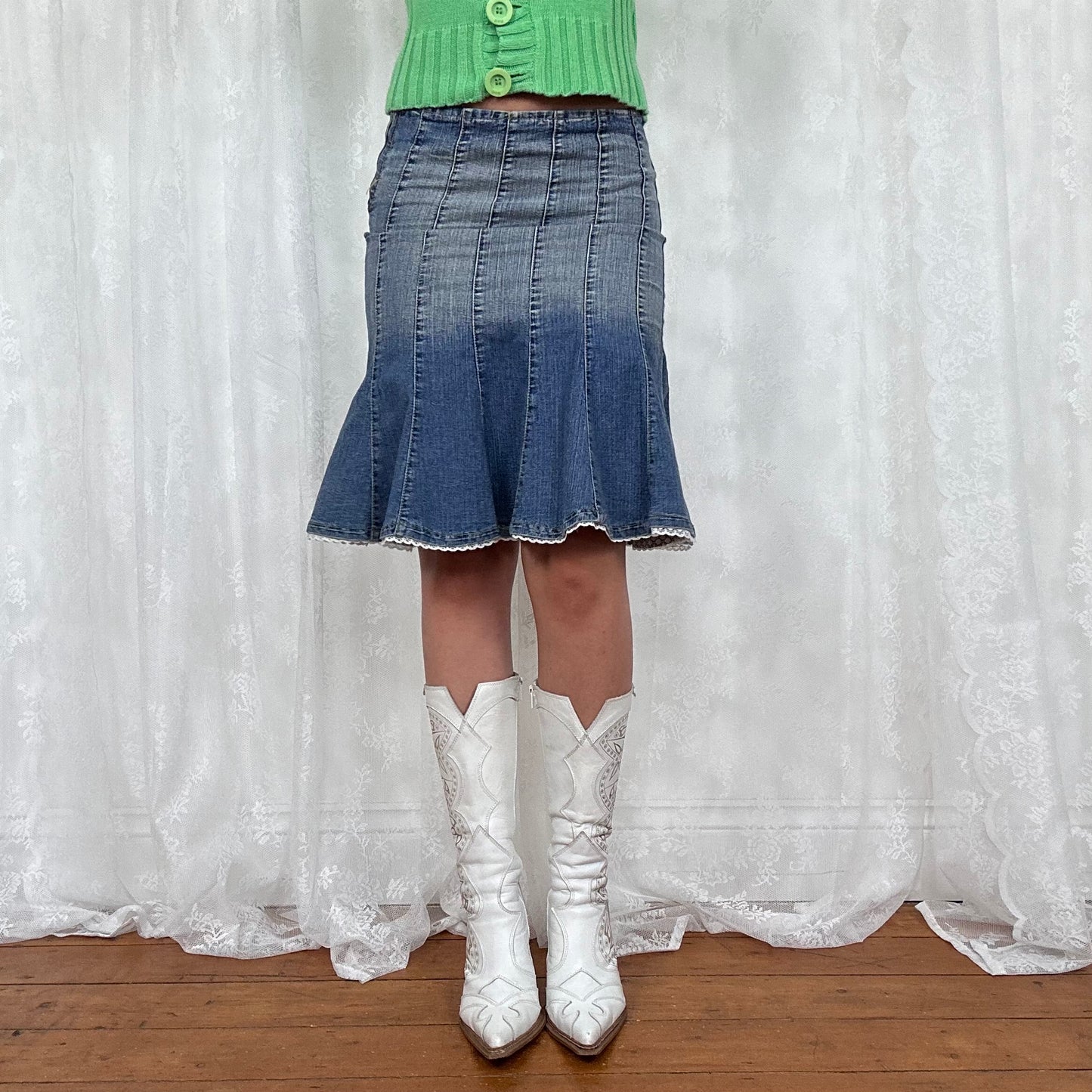 vintage 00s denim panel midi skirt with broderie trim