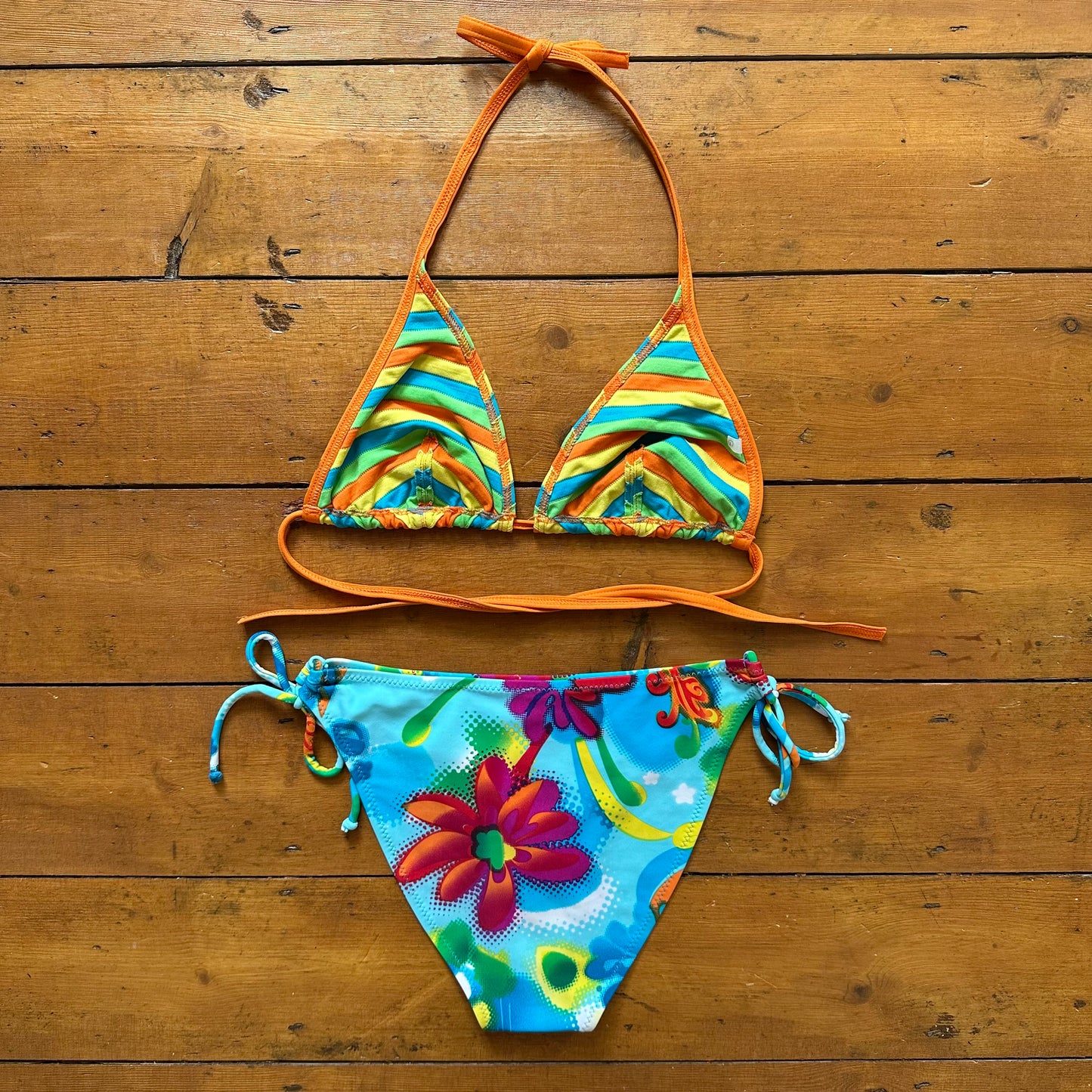 vintage 00s striped bikini top and beaded floral bottoms