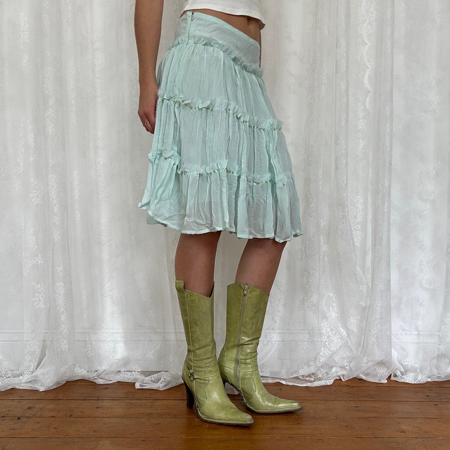 vintage 00s aqua blue sequin tiered midi skirt