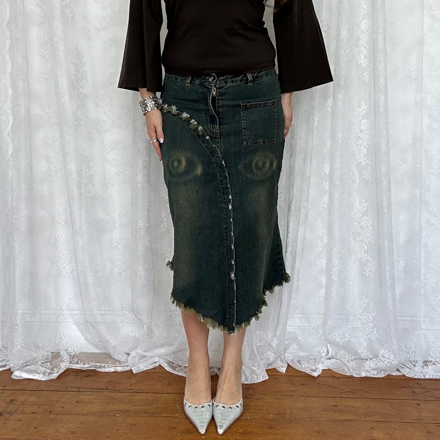 vintage 00s green and blue bleached denim midi skirt