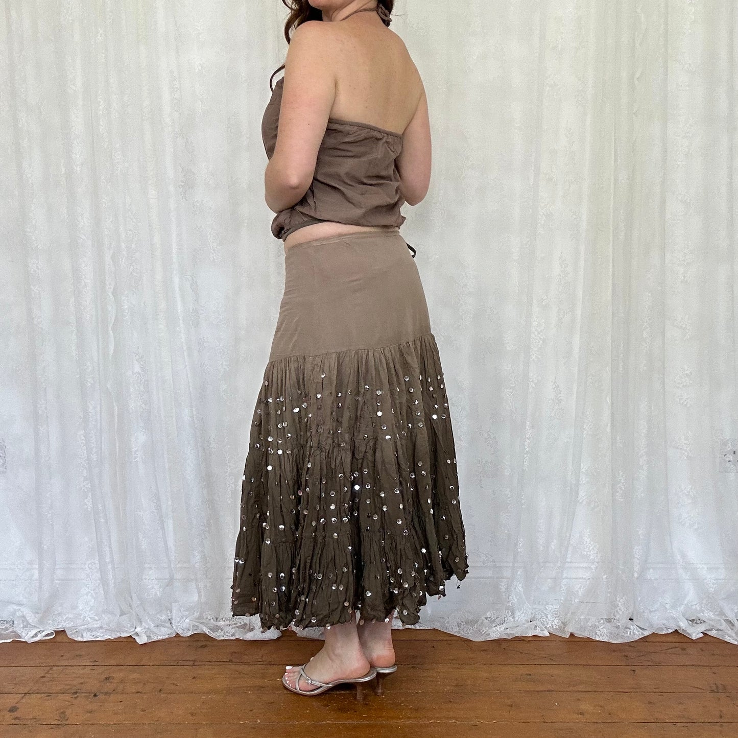 vintage 00s brown crochet detail halter top