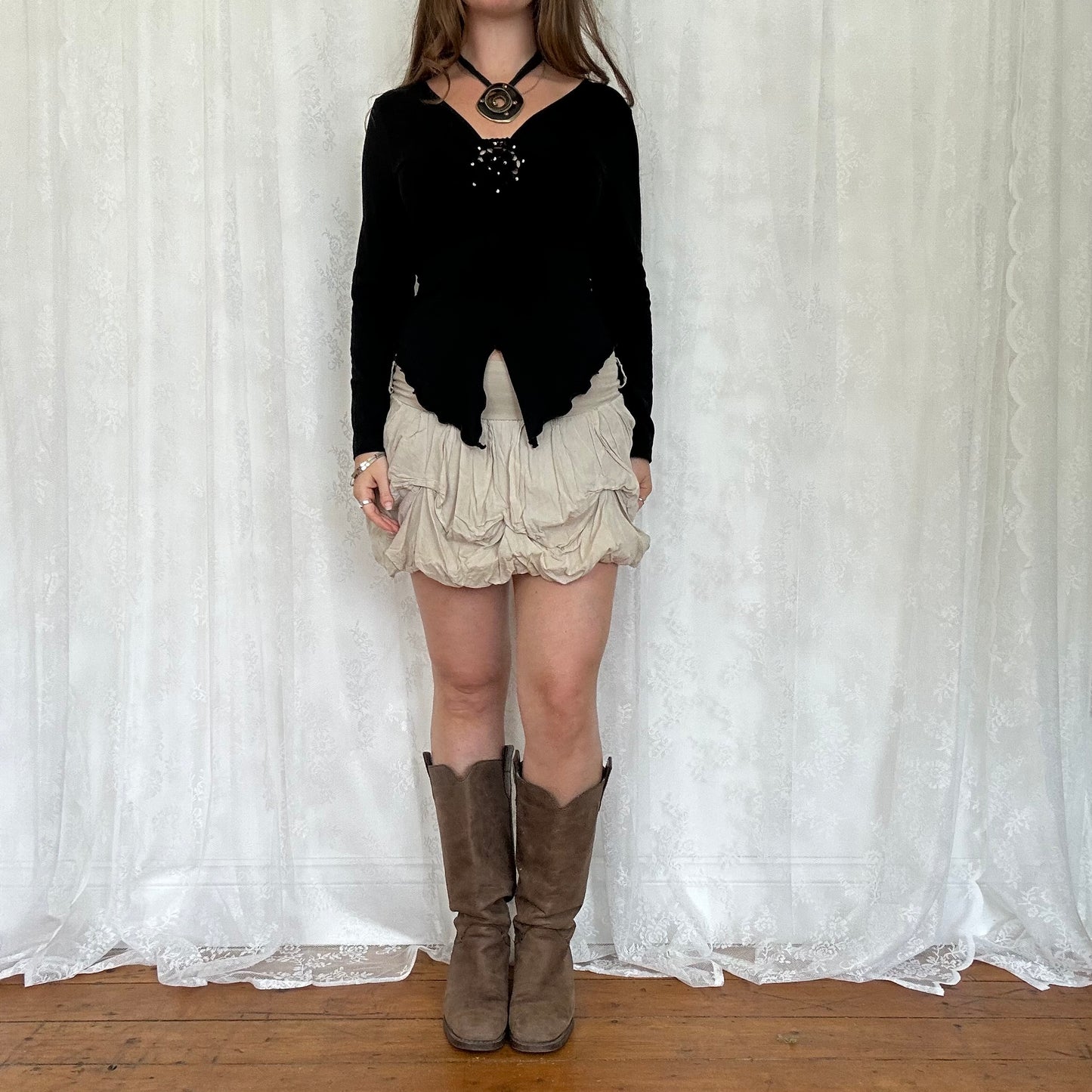 vintage 00s beige draped puff mini skirt