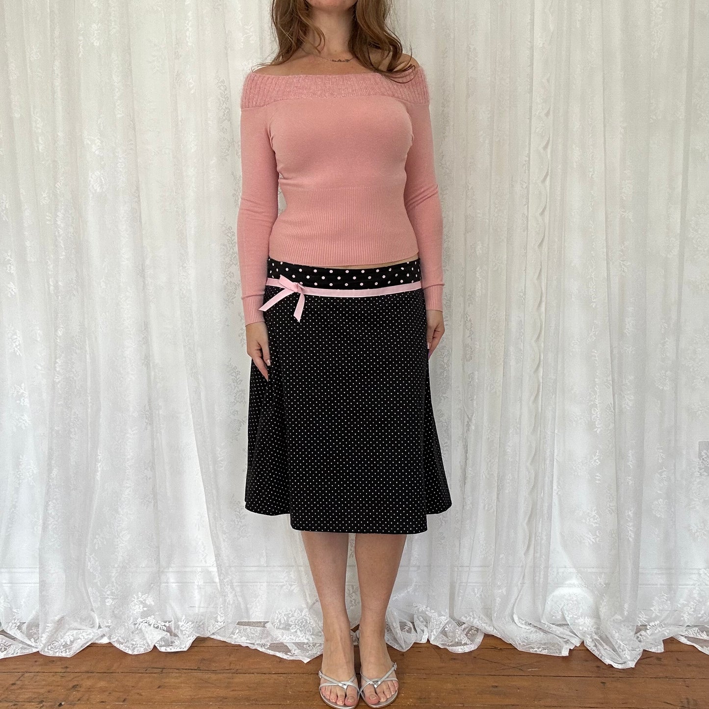 vintage 00s baby pink off the shoulder jumper