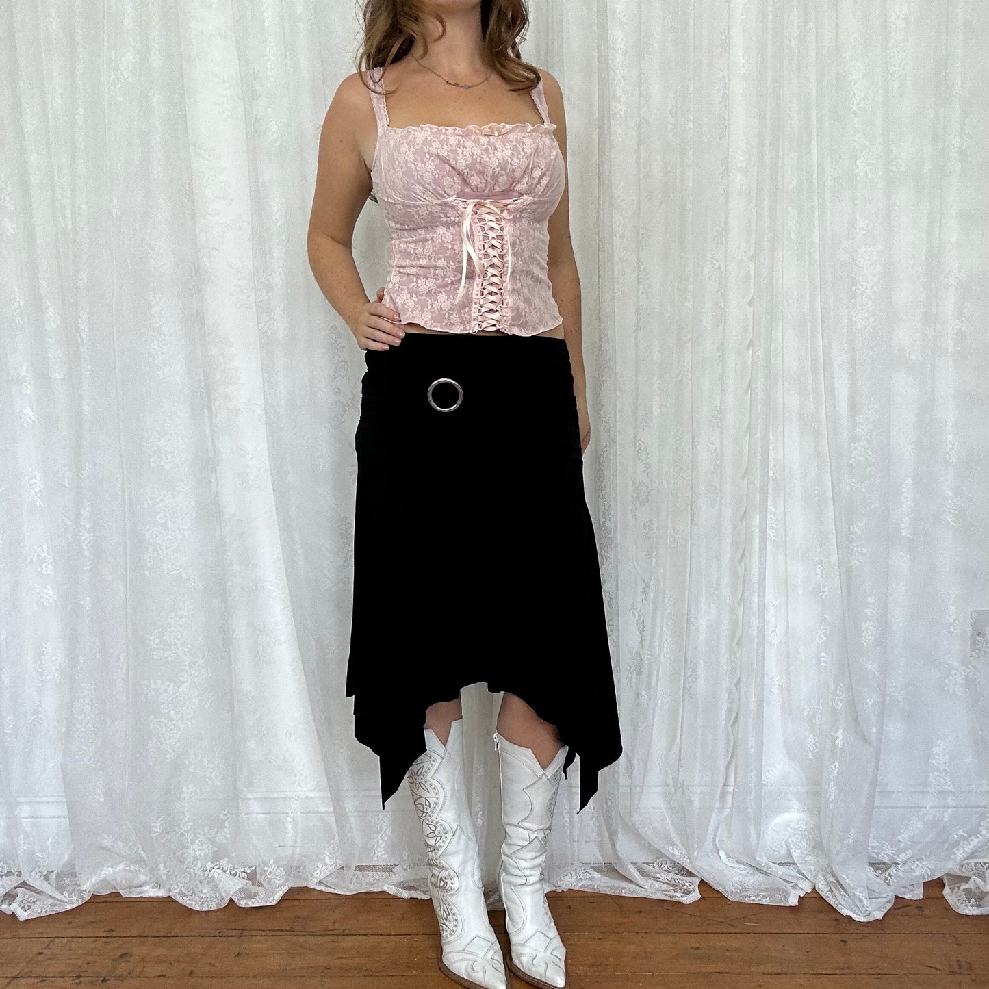 vintage 00s baby pink lace milkmaid top
