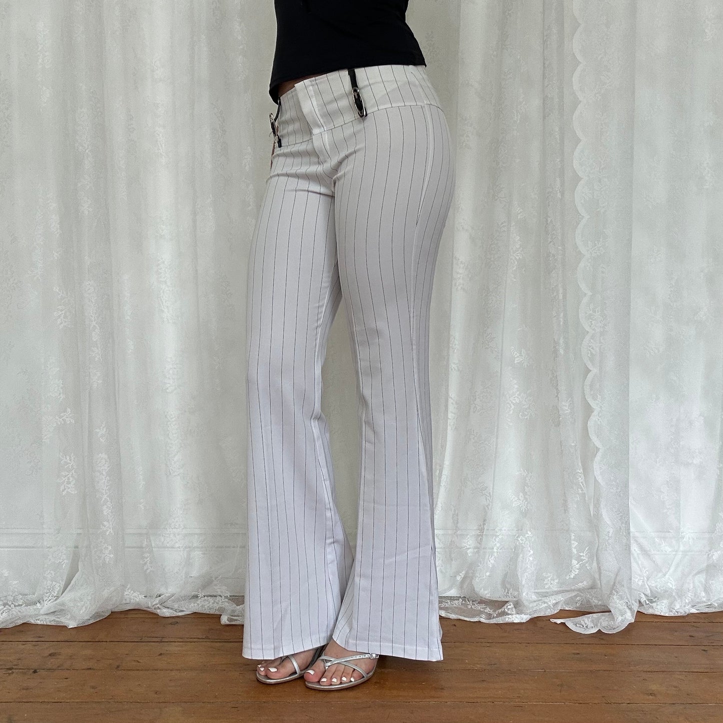 vintage 00s white pinstripe flared trousers