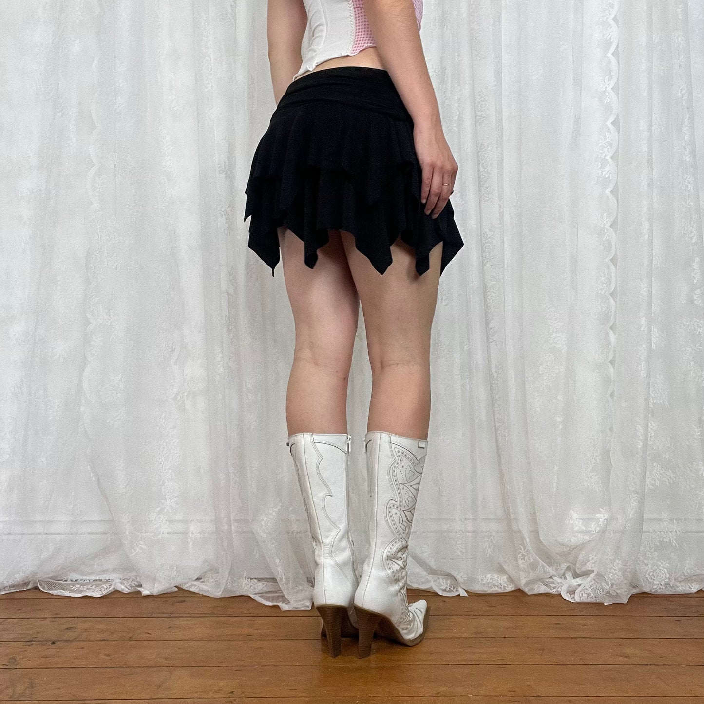 vintage 00s black glitter ruffle mini skirt