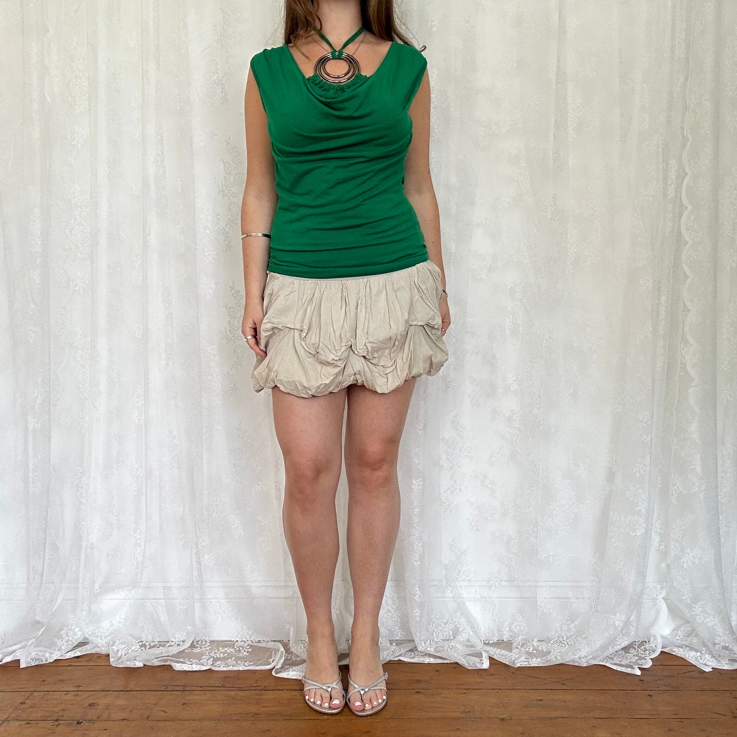 vintage 00s green o ring cowl neck top