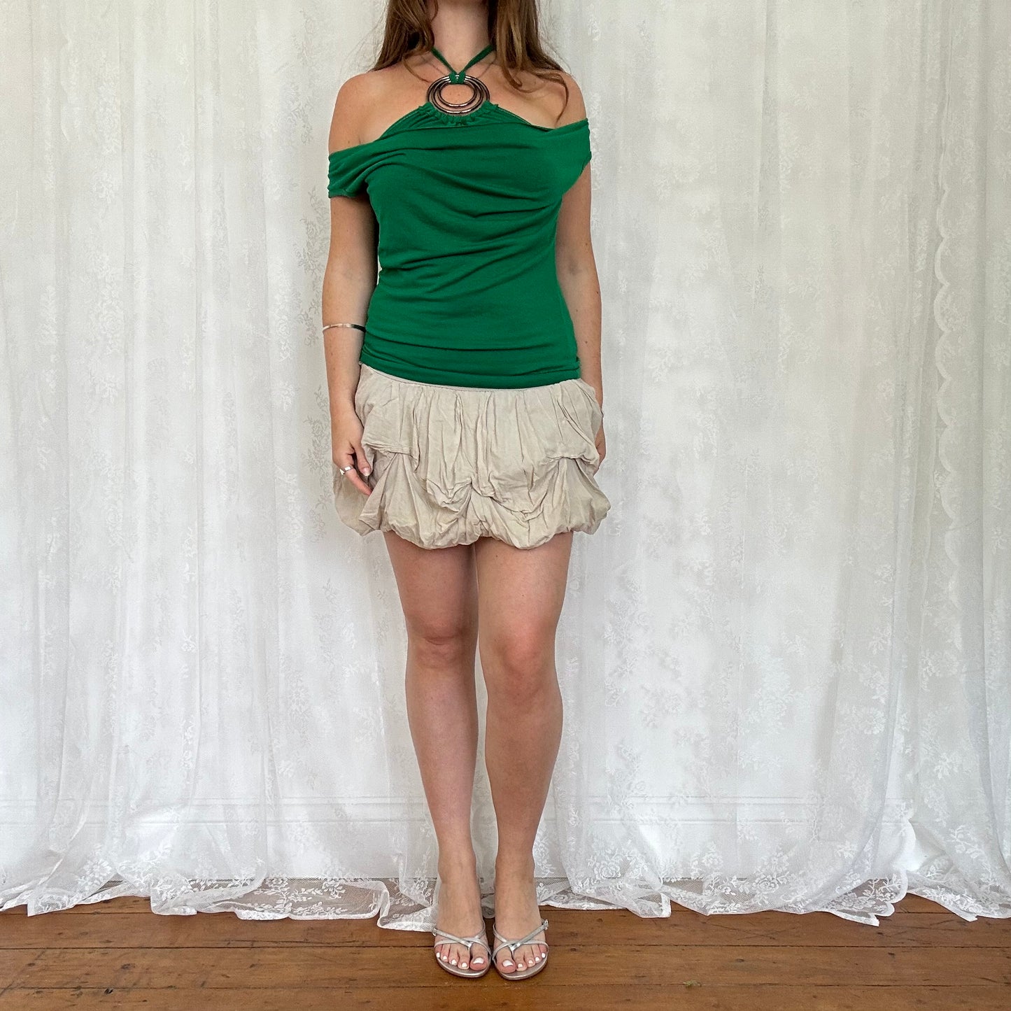 vintage 00s green o ring cowl neck top