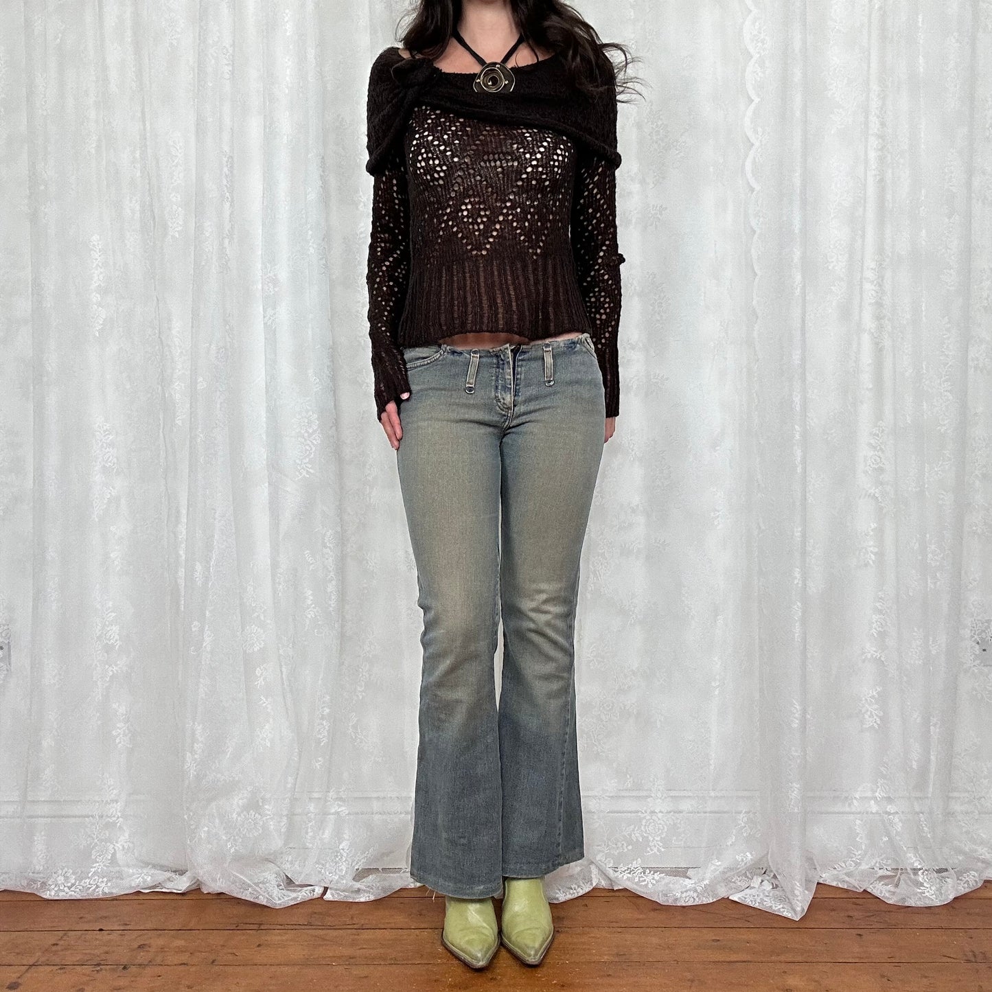 vintage 00s brown crochet knitted off shoulder jumper with rose